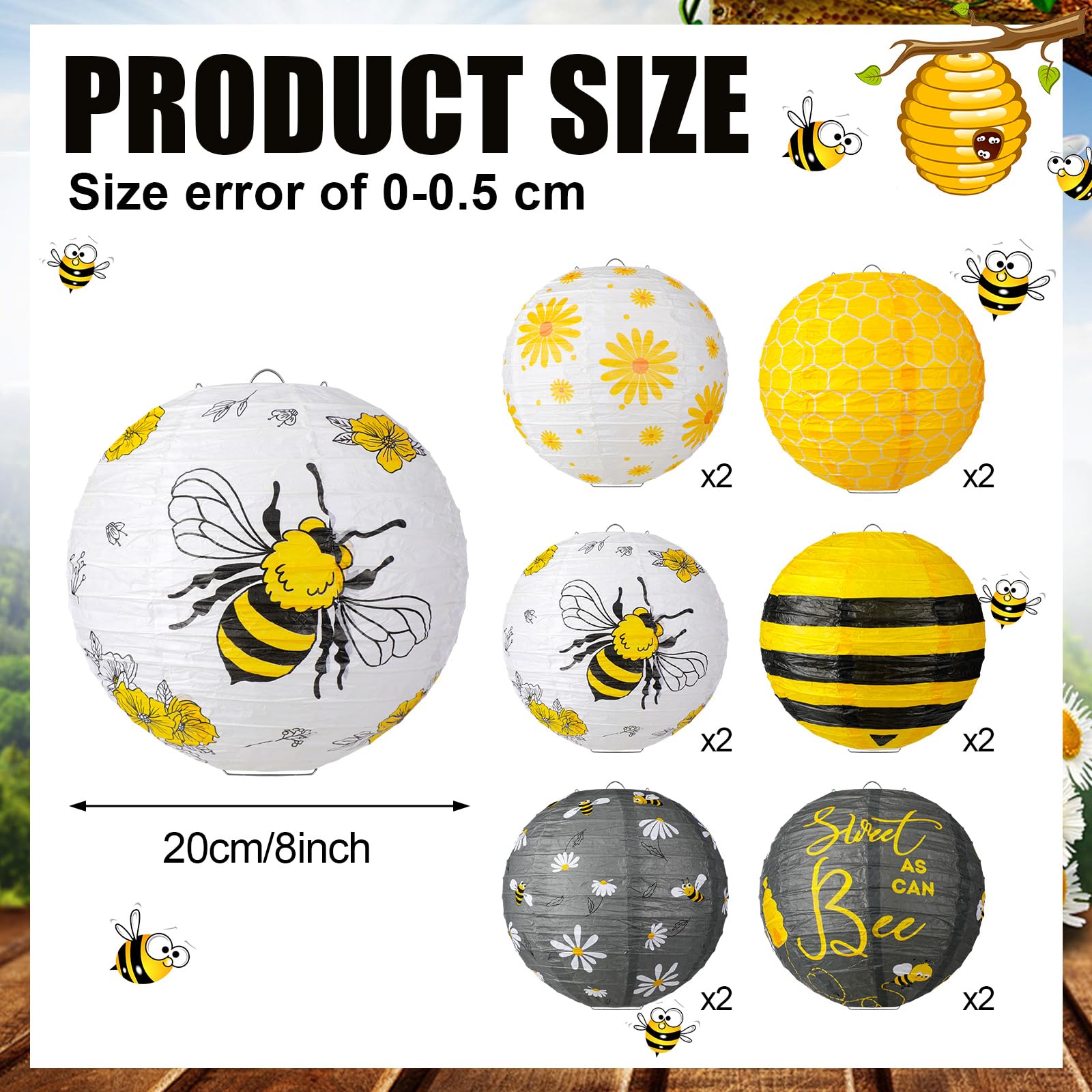 Panelee 12 Pcs Bee Paper Lanterns Party Decorations 8 Inch Hanging Round Hanging Paper Party Decorations for Holiday Indoor Outdoor Supplies