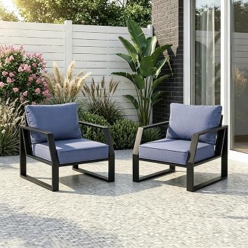 Oversized Modern Outdoor Patio Chair Set of 2 with 5" Thick Cushions, Deep Seat & Wide Armrests, Aluminum All-Weather Rustproof UV-Resistant Frame for Garden, Backyard, Porch