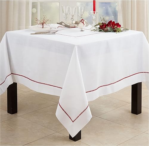 Miniatura 7 de Occasion Gallery Blanco 100  poliéster mantel de comedor o cocina bordado con borde dorado 65 x 140 pulgadas rectangular 1 pieza