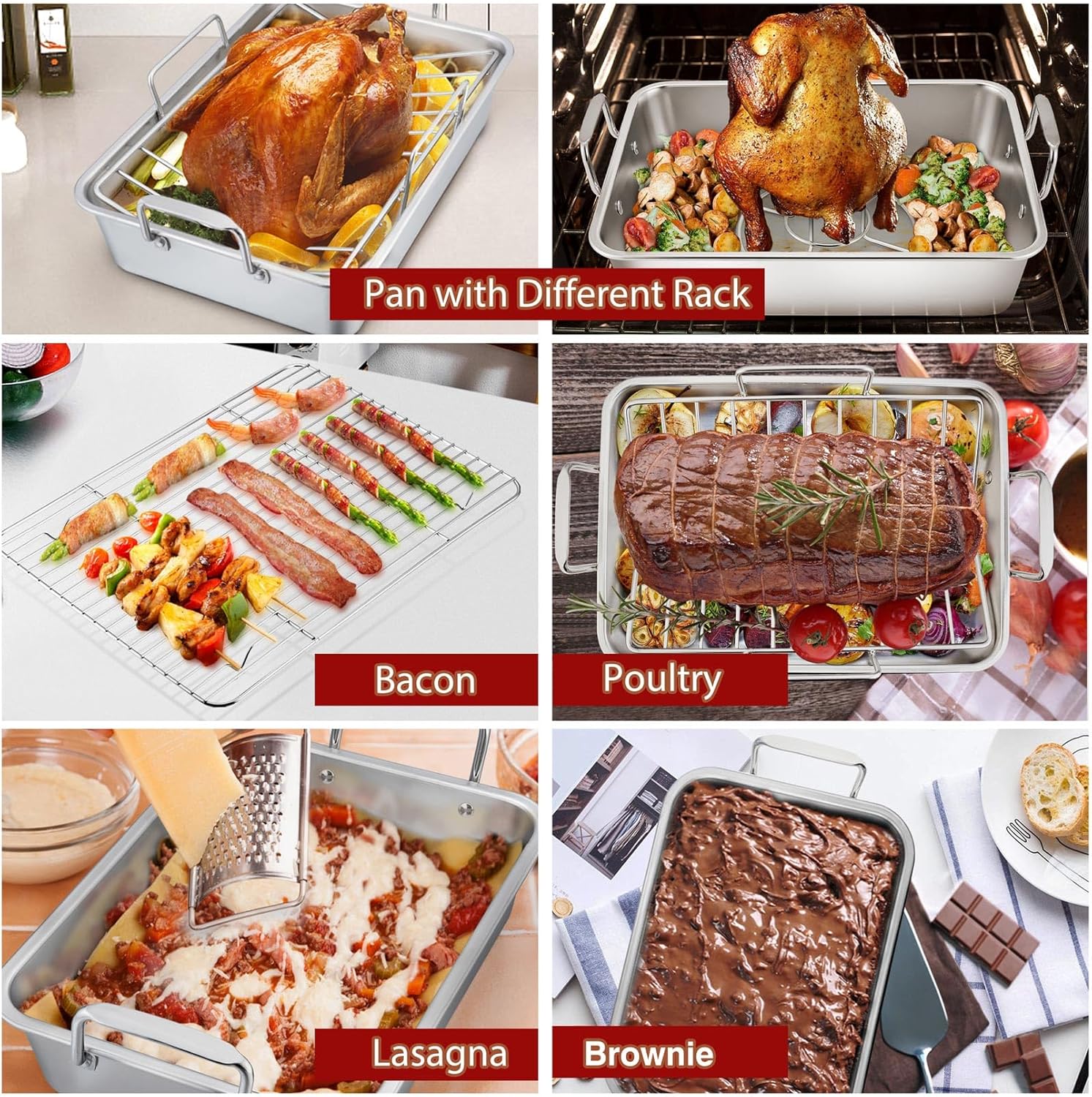P&P CHEF Roasting Pan Set (8 PCS), 14 Inch Stainless Steel Turkey Roaster Pan, Flat & V-shaped Roasting Racks & Beer Can Chicken Holder, Meat Claws & Tenderizer, Brush, Healthy & Heavy Duty