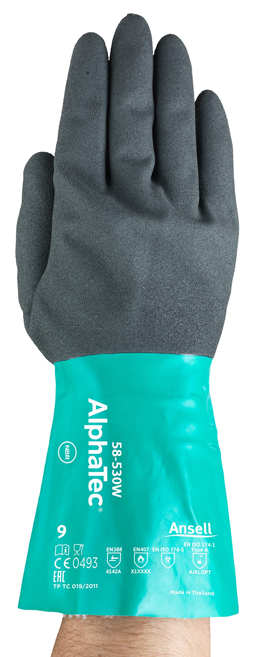 Ansell AlphaTec 58-530W Gants Protection Chimique en Nitrile, Gant Impérméable Très Résistant Liquides et Solvants, EPI Homme Femme, Réutilisable, Taille L (6 Paires)