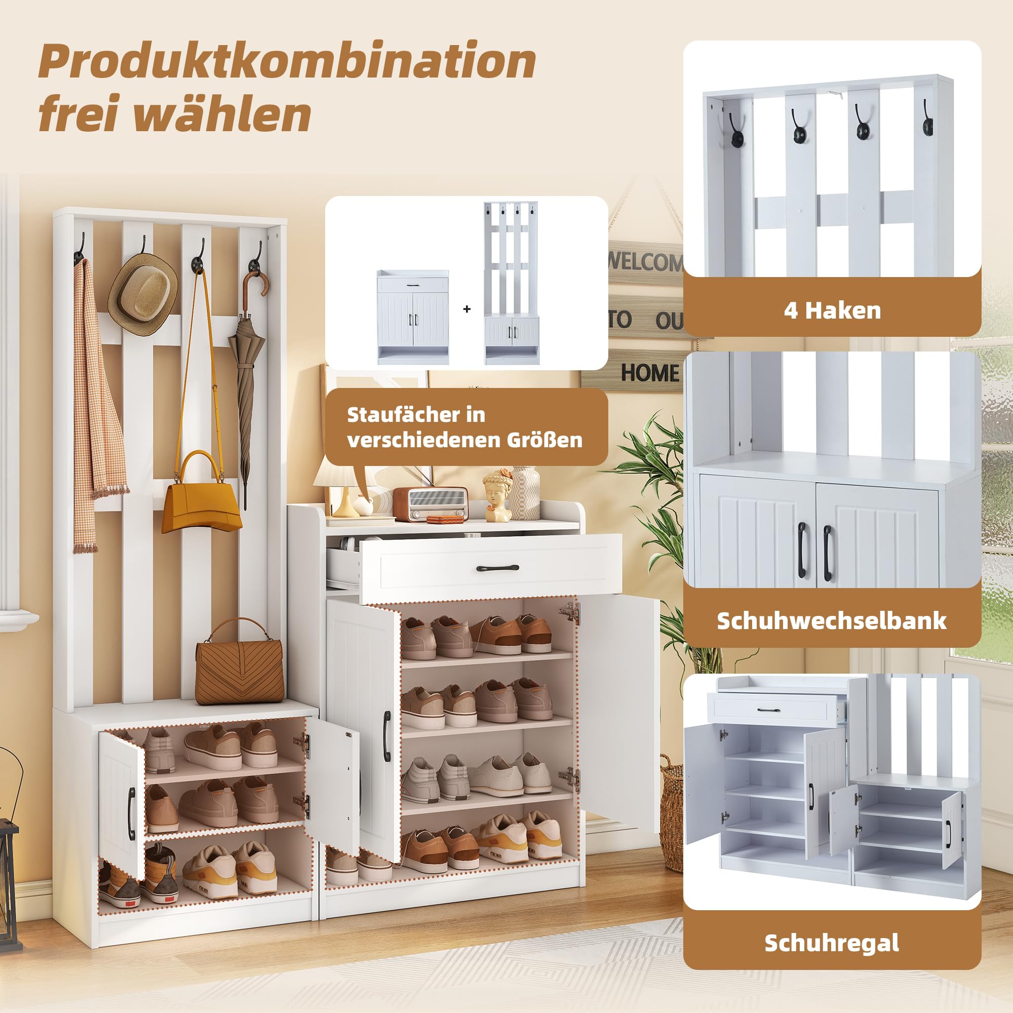 Garderobenset Wandgarderobe, Garderoben Set mit Schuhbank und Wandpaneelen, Garderobenständer, Flurgarderobe Set mit Schubladen und Türen, Flurtrockenständer, Weiß Flurmöbel 140.6x32x180 cm