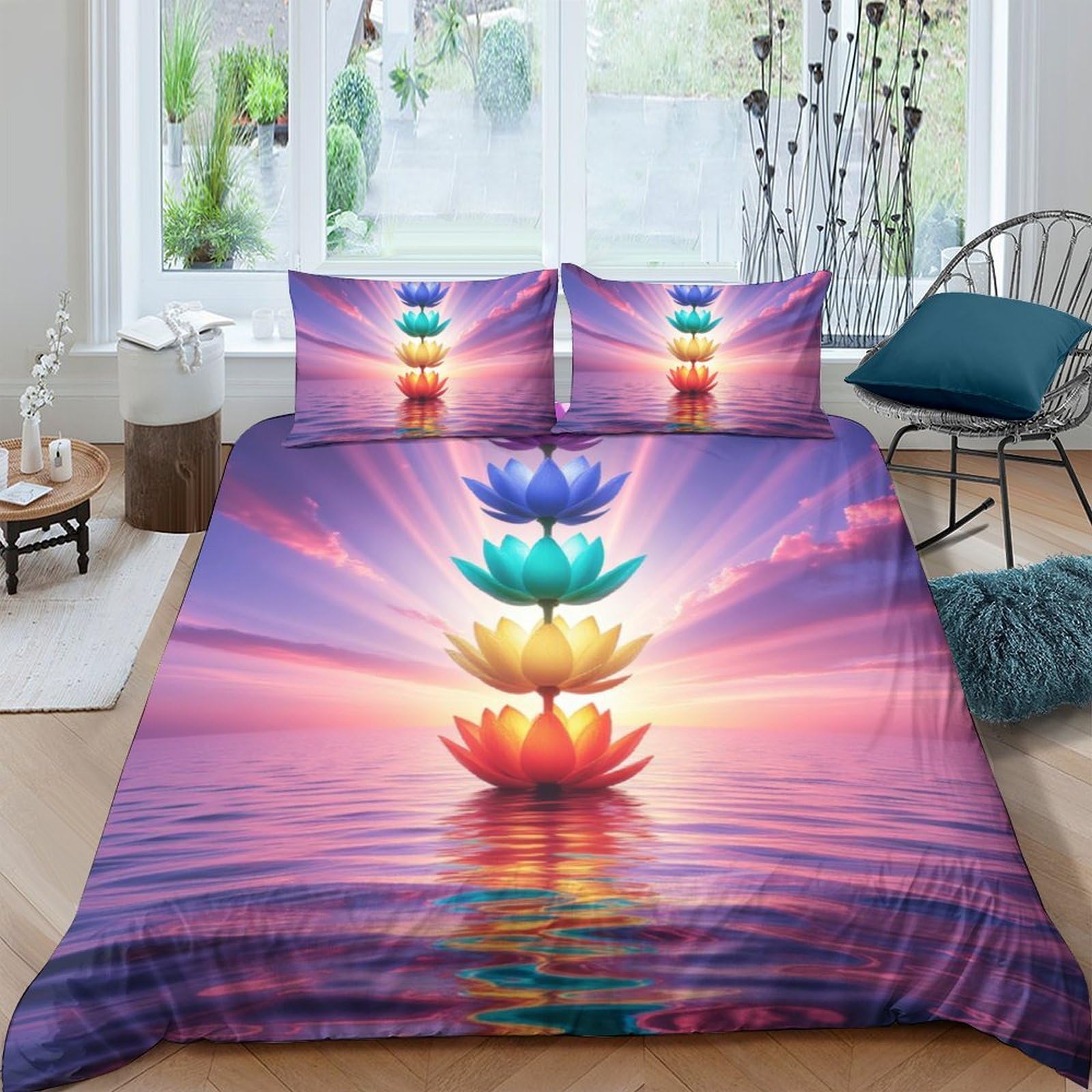 Ctjqhvkz Style-6 3D Printed Chakra Lotus Fitted Sheet Microfiber Vibrant Rainbow Sunrise Mattress Cover For Bedroom Guest Room Decor Single（135X200cm）