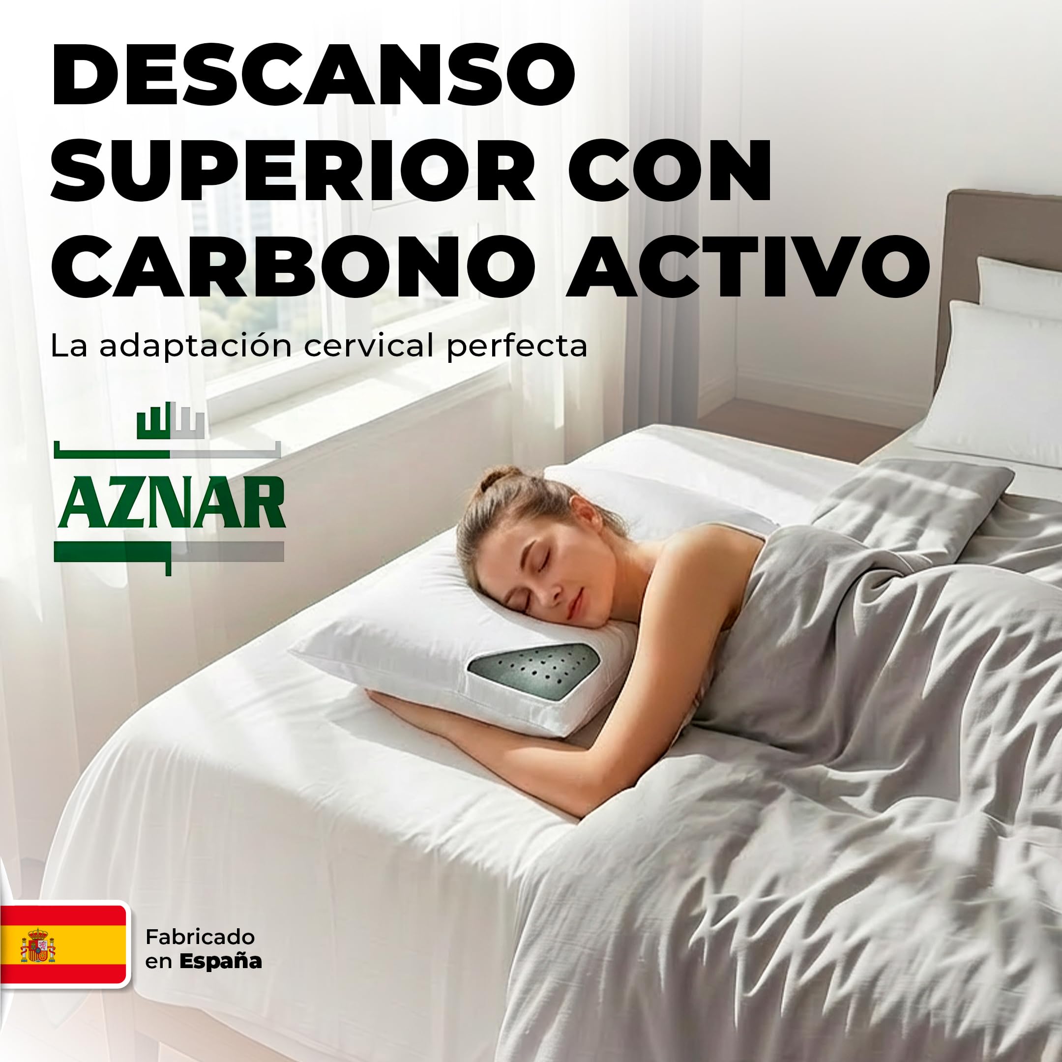 Aznar Almohada Viscoelástica Carbono Activo Firmeza Media Adaptación Cervical Transpirable Hipoalergénica Elimina Malos Olores Alivio Presión Columna Alineada Funda Extraíble Protección Cuello 135cm