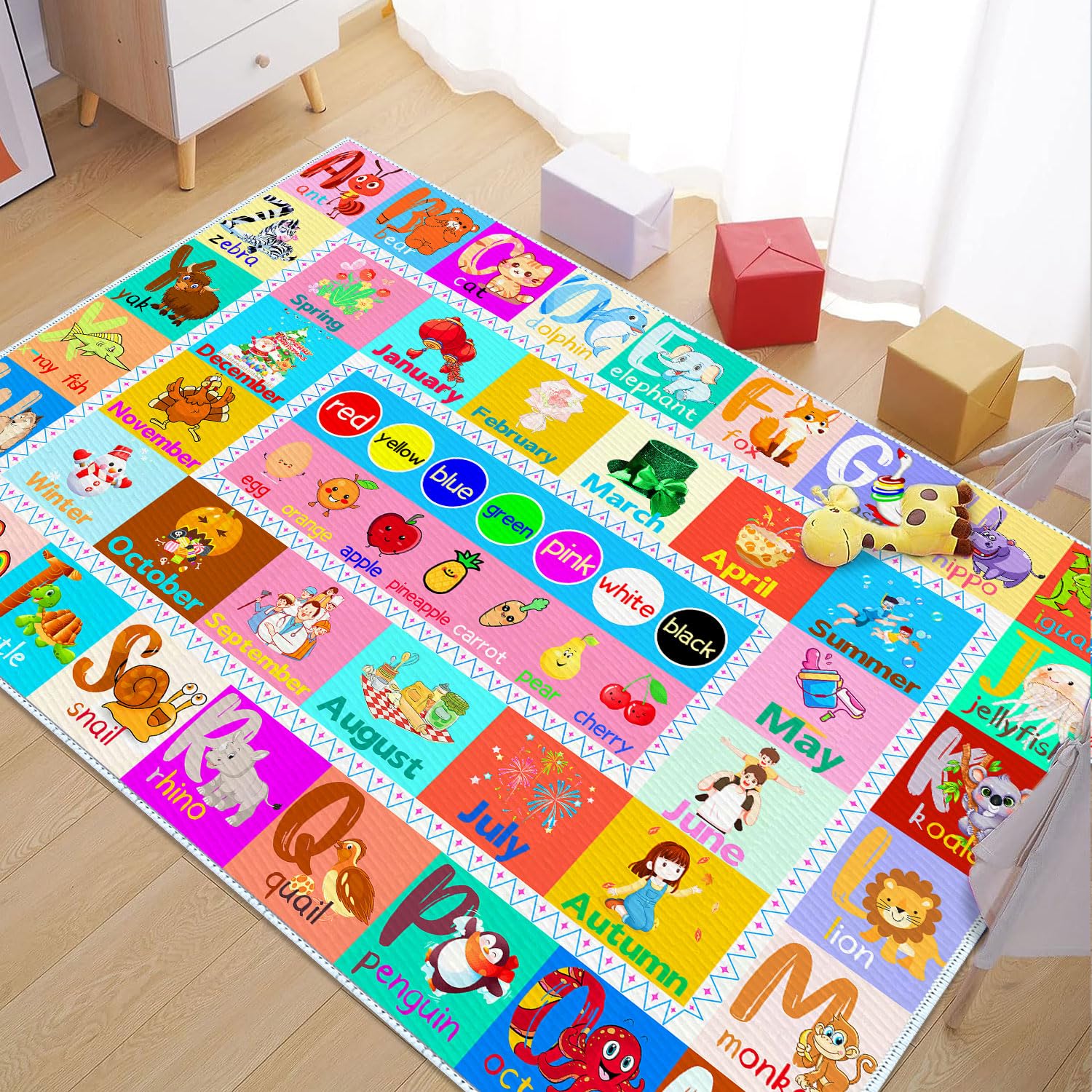 DoRlPIeY Kids Alphabet Game Rug - ABC Educational Area Rugs - 4x6 Alphabet Months Fruits Colors Seasons and Animal Fun Studay Game Non Slip Mat for Kids Bedroom Kindergarten Nursery