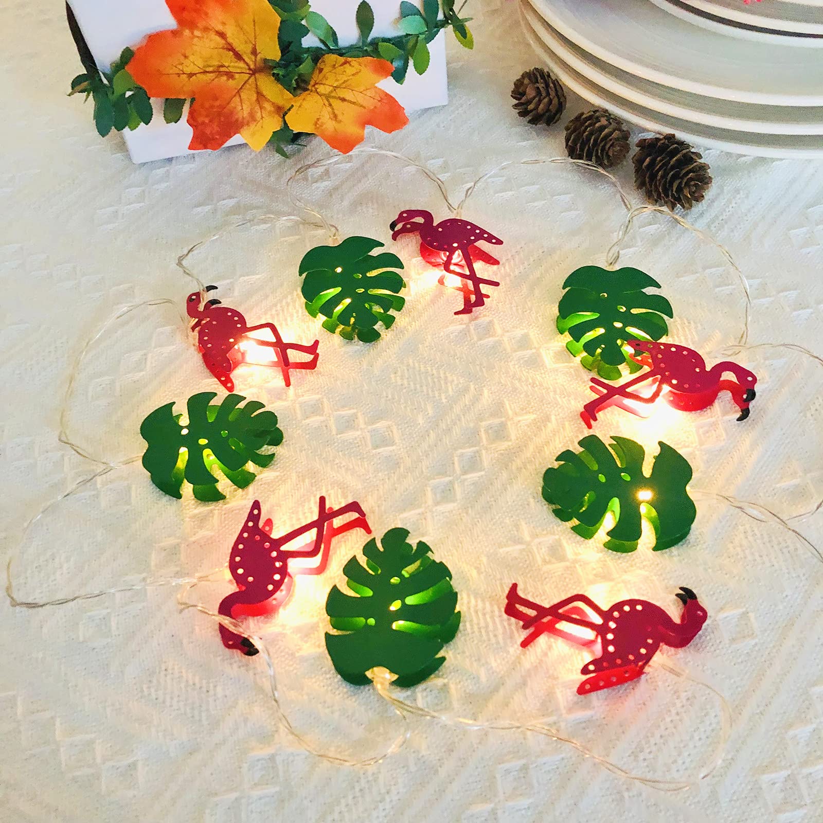 Riaxuebiy Monstera Leaf String Lights Green Palm Leaves Flamingo 1.65m10 LED USB/Battery Powered Fairy Lights for St. Patrick's Party Outdoor Indoor Decorations (Flamingo+Leaf, Battery Powered)