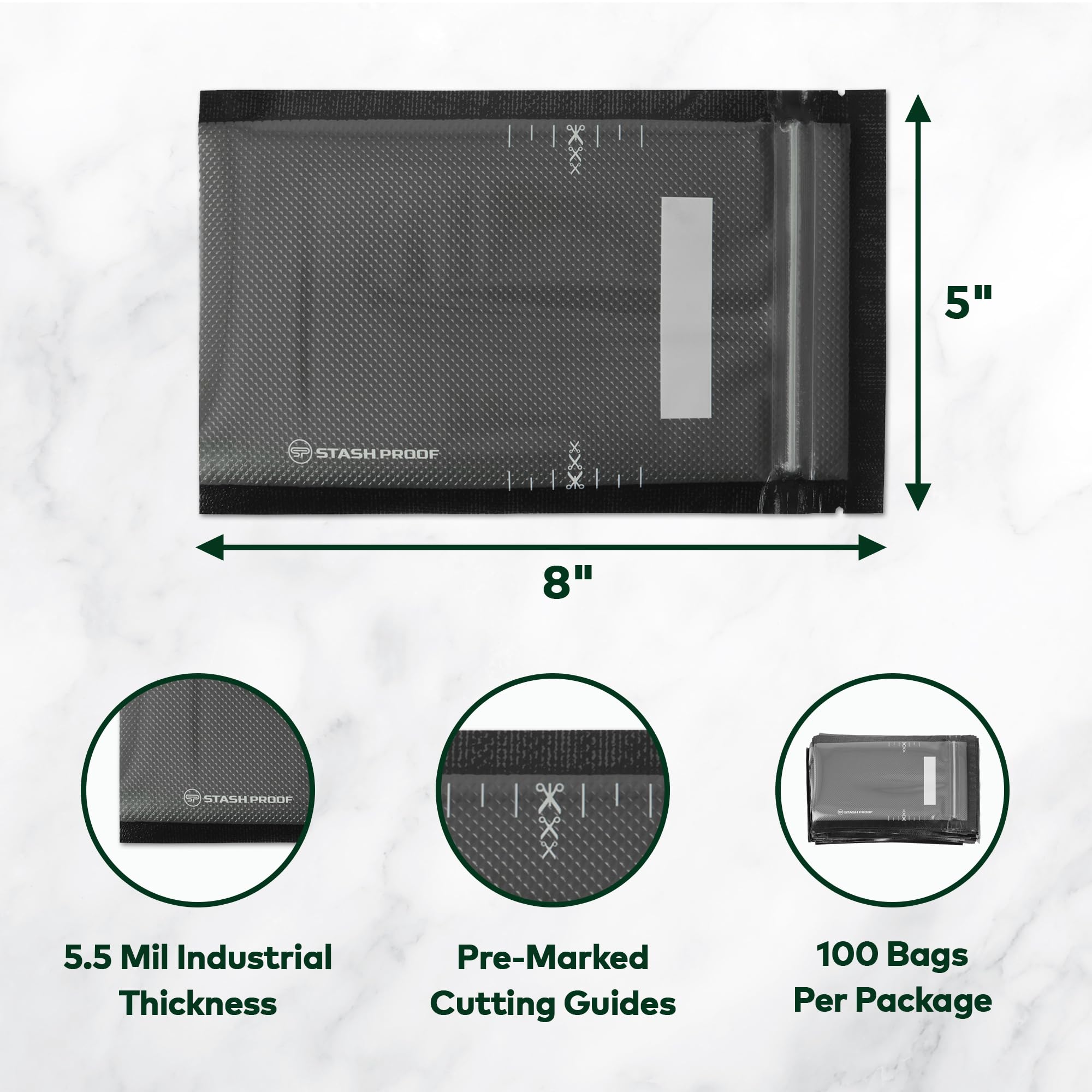 Bolsa de almacenamiento con cremallera resellable de 5 x 8 pulgadas (negro y transparente) (100 unidades) 5.5 mil duradera, sin BPA, comercial, de grado alimenticio, reutilizable,