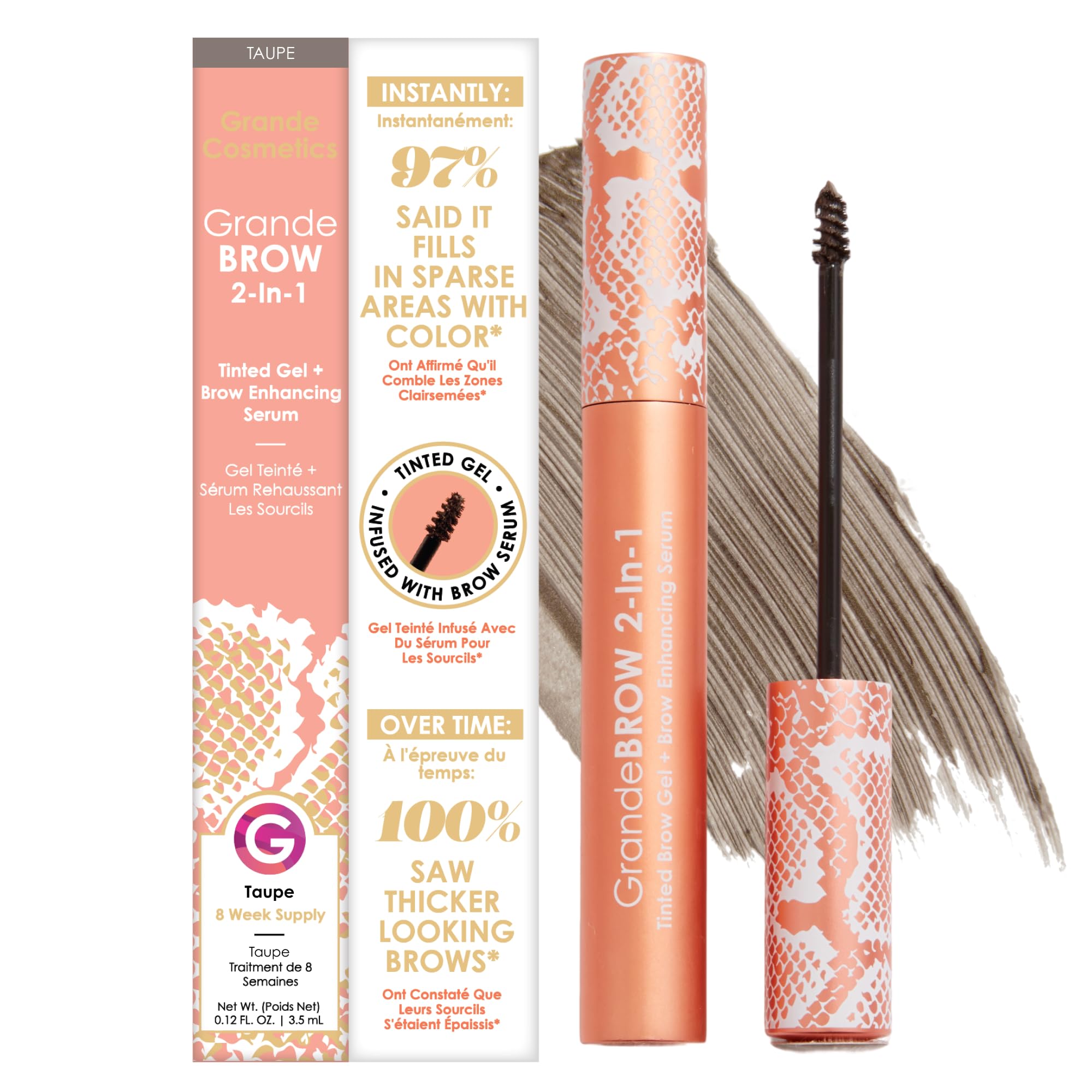 Grande Cosmetics GrandeBROW 2-in-1 Tinted Brow Gel & Serum, Taupe