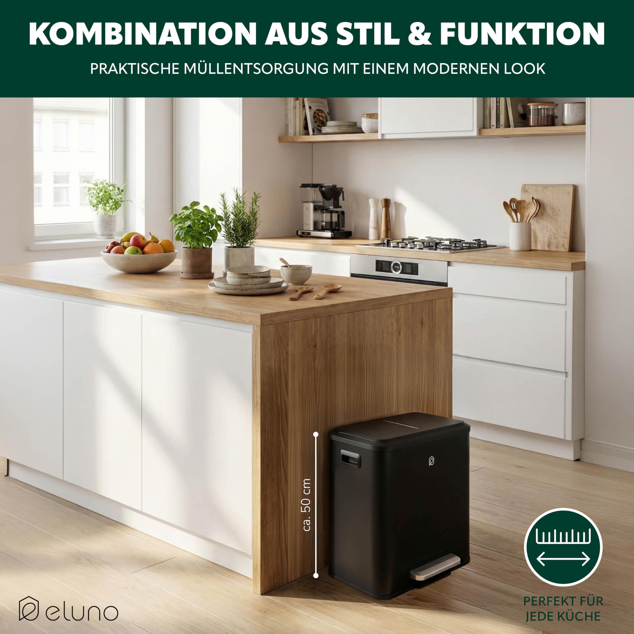 eluno Abfalleimer, Treteimer - 2 Fächern mit je 15 Liter Fassungsvermögen, herausnehmbare Inneneimer aus Kunststoff, seitliche Griffe, großes Fußpedal, Mülltrennsystem, Soft-Close Deckel (Schwarz)