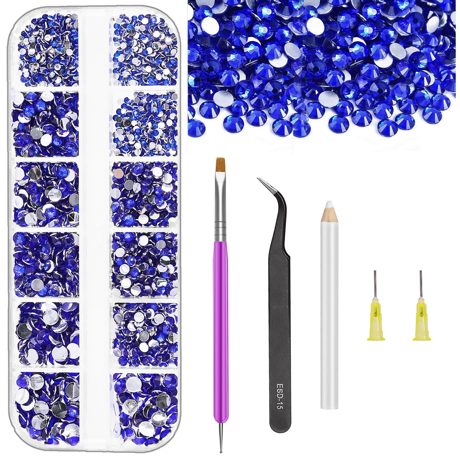 Swpeet 2606Pcs 4 Mixed Sizes 2mm 3mm 4mm 5mm Dark Blue Rhinestones Kit, Clear Flat Back Crystal Round Glass Gems for DIY Clothes Fabric Shoes Jewelry Making Nail Art