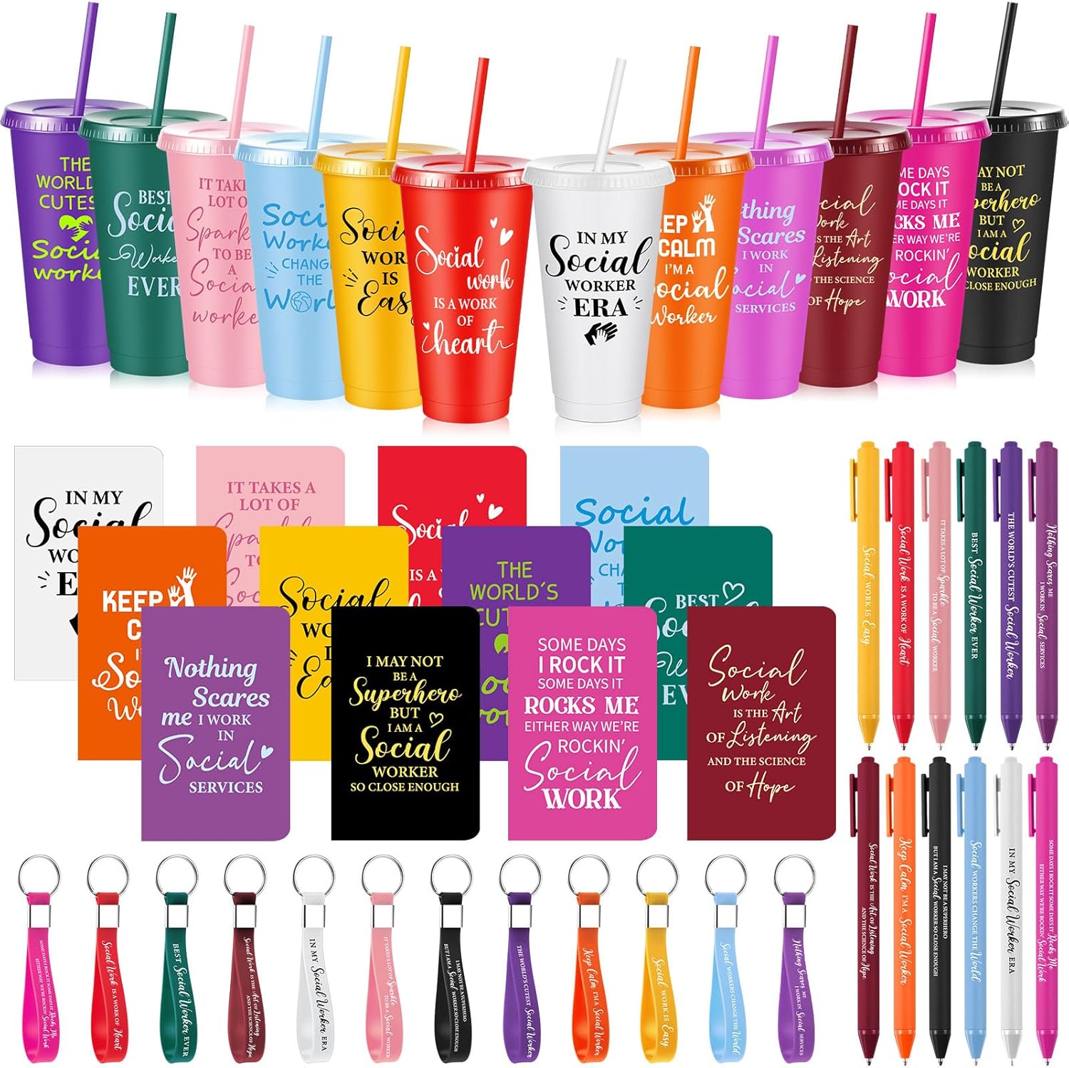 12 Set/48 Pcs Social Worker Appreciation Gifts, Volunteers Thank You Gift, 24oz Plastic Straw Cups Notebooks Ballpoint Pens and Keychains Graduation Gift for Bsw Msw Dsw Lcsw (Morandi)