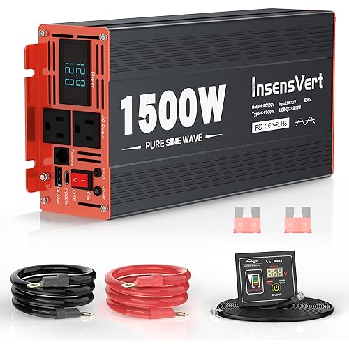 1500 Watt Pure Sine Wave Power Inverter DC 12V to 120V AC, with 2 AC,18W USB, and 30W Type-C Charging Ports, Car Solar Power Inverters with LCD Display for Home RV Truck, Surge 3000W