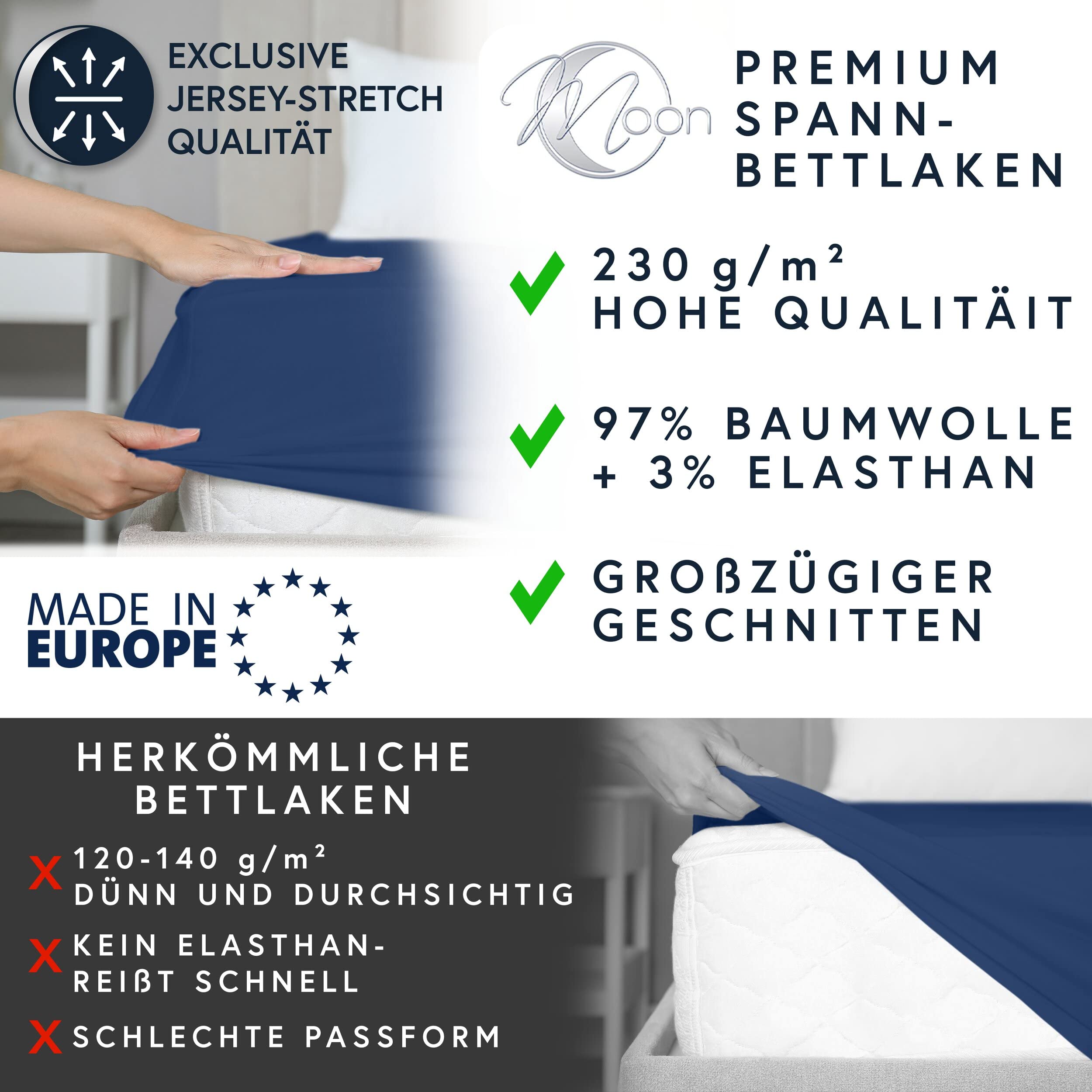 Moon -Luxury Prześcieradło z gumką, dżersej, 230 g/m², do łóżek wodnych, łóżek kontynentalnych i tradycyjnych materacy (ciemnoniebieskie, 200 x 220 – 220 x 240 cm)