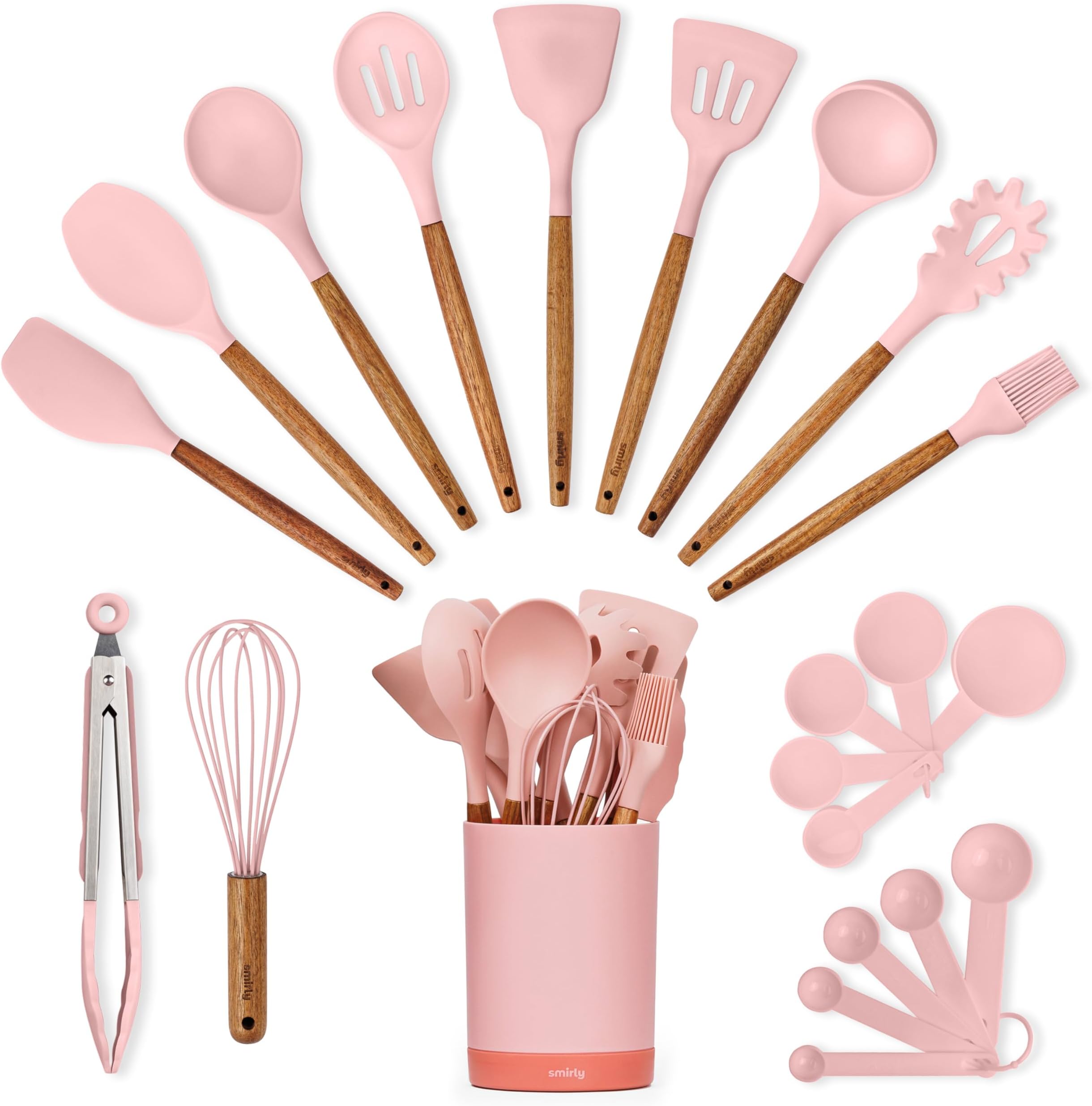 Silicone Kitchen Utensils Set & Holder: Cooking Utensils Set - Kitchen Essentials for New Home & 1st Apartment- Silicone Spatula Set, Cooking Spoons for Nonstick Cookware (Acacia Wood, Pink)