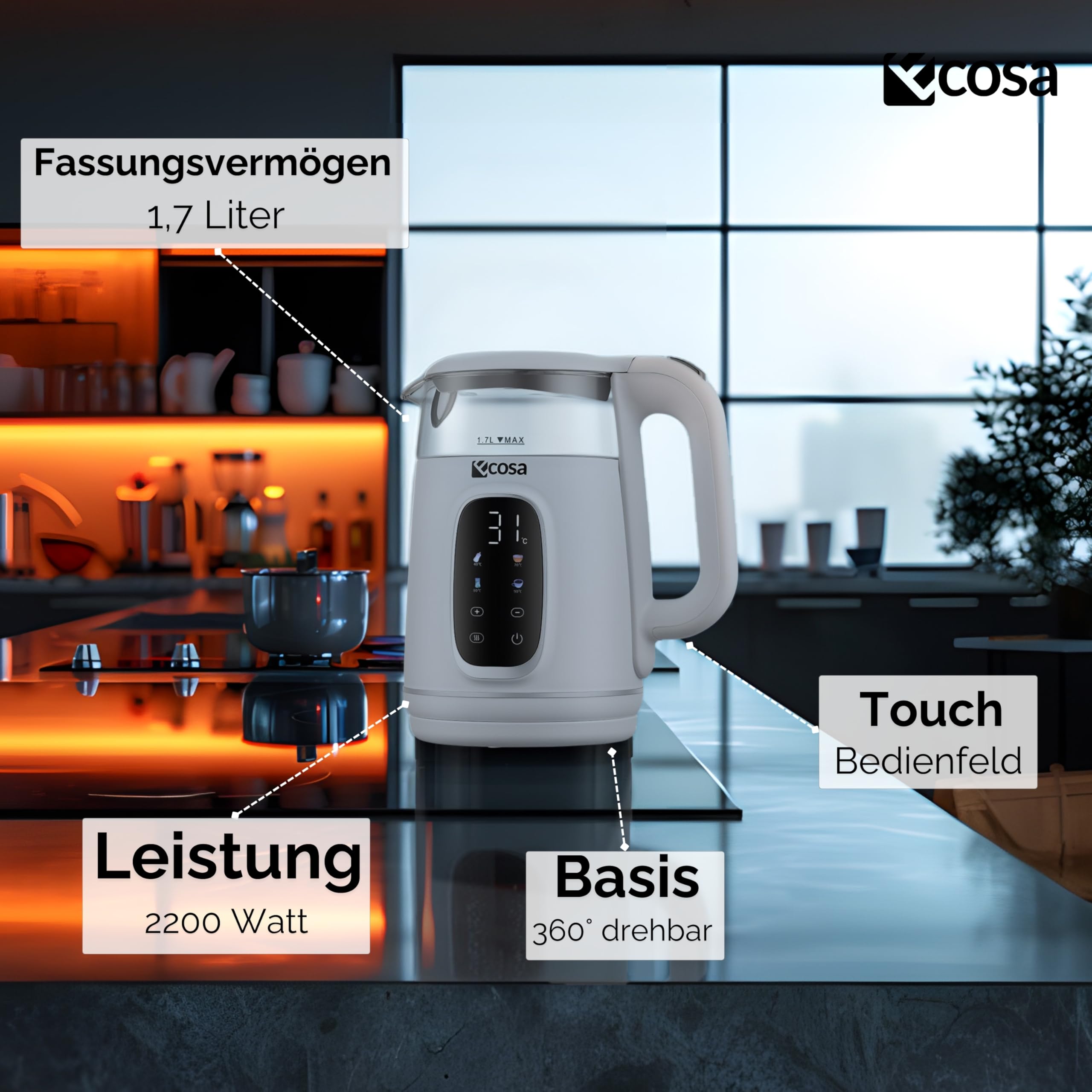 Ecosa Czajnik elektryczny z regulacją temperatury, szkło, stal szlachetna, zaparzacz do herbaty, 1,7 l, 2200 W, bez BPA, z wyborem temperatury 40°C – 100 °C – funkcja utrzymania ciepła LED (Woldo
