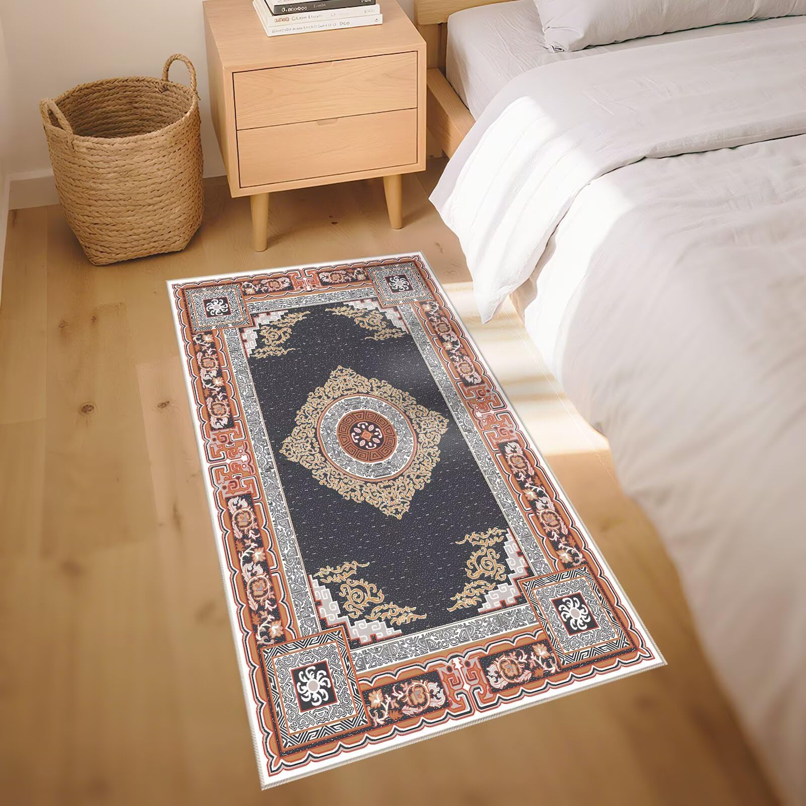 rutschfest Teppich Bettvorleger Grau 80x120cm, Weich Klein Vintage Blumenmuster für das Wohnzimmer
