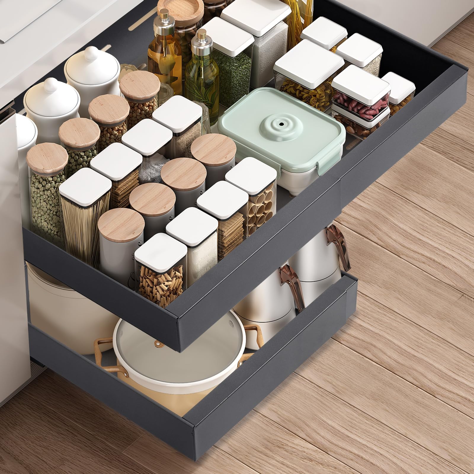 Pull out Cabinet Organiser, Slide out Drawers for Kitchen Cabinets, no Drill Adjustable Drawers, pull out Kitchen Storage,Cupboard Organiser that Requires no Drilling and Nailing (Dark gray(1 pack))