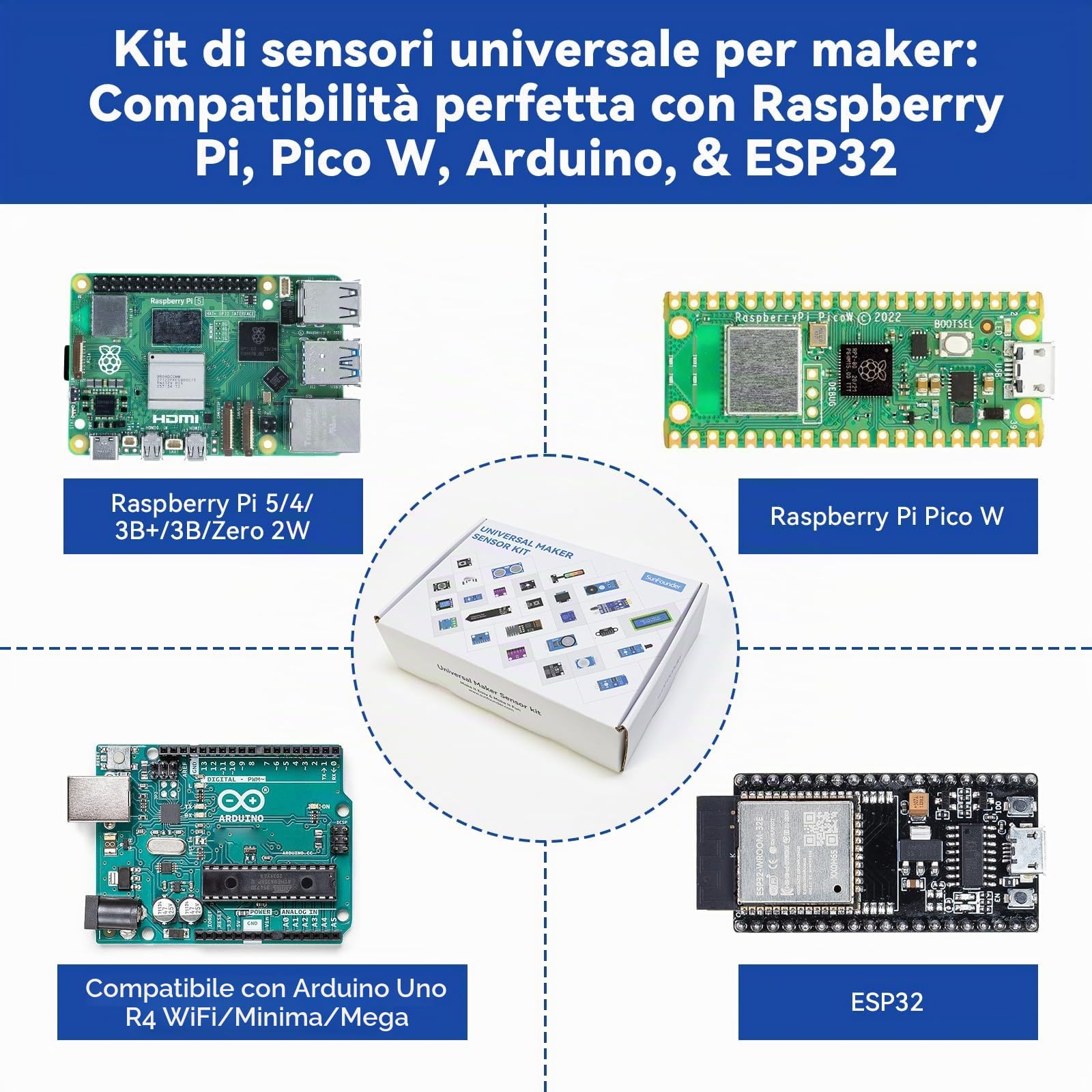 SunFounder Kit sensore universale compatibile con Arduino Mega/R3/R4 Minima/WiFi Nano, Raspberry Pi 5/4B/3B+/Zero 2 W/, Pico W, ESP32, C++, Python, MicroPython, principianti e ingegneri