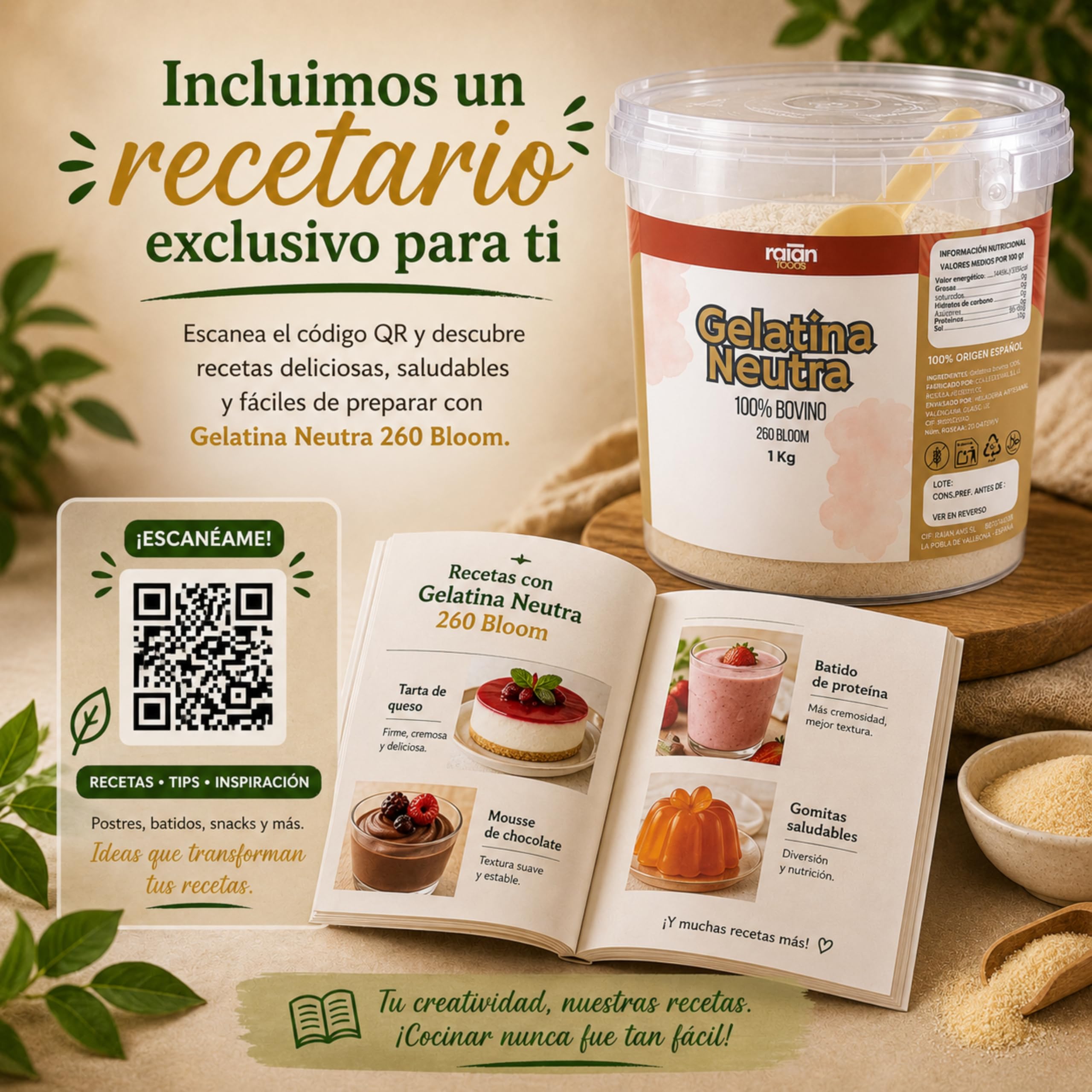 RAIAN FOODS® Gelatina Neutra en Polvo 100% Bovino 1kg 260 BLOOM Halal + Dosificador 30 ml + QR con Recetario y Contenido Exclusivo | Sin Sabor para Repostería y Cocina, Sin Azúcar, Sin Lactosa