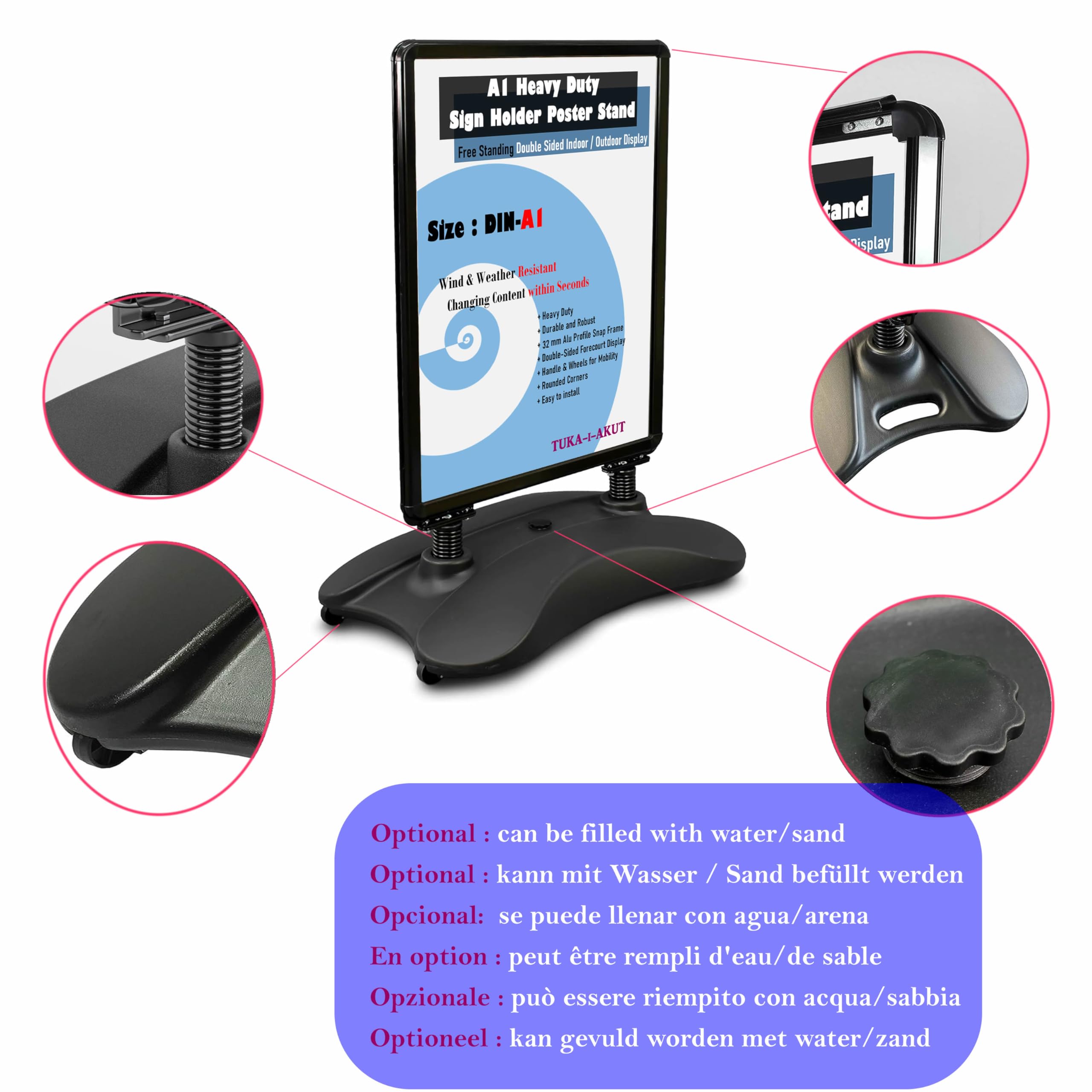 TUKA-i-AKUT A1 Supporto per Poster Bifacciale, Base Resistente con Ruote e Serbatoio, Alluminio Telaio, Cavalletto Espositore Pubblicitario per Una Posizione Sicura Interni ed Esterni, TKD8425 Nero