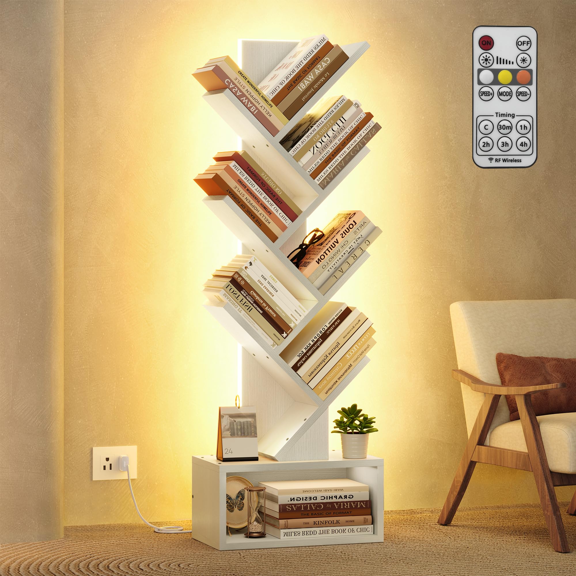 Photo 1 of *** MINOR CRACKS AND PAINT****Hoctieon 6 Tier Tree Bookshelf, Tall Bookcase with Drawer, Freestanding Book Shelf with LED Lights, Display Floor Standing Storage Shelf, Book Organizer Shelves for Home Office, Living Room, White