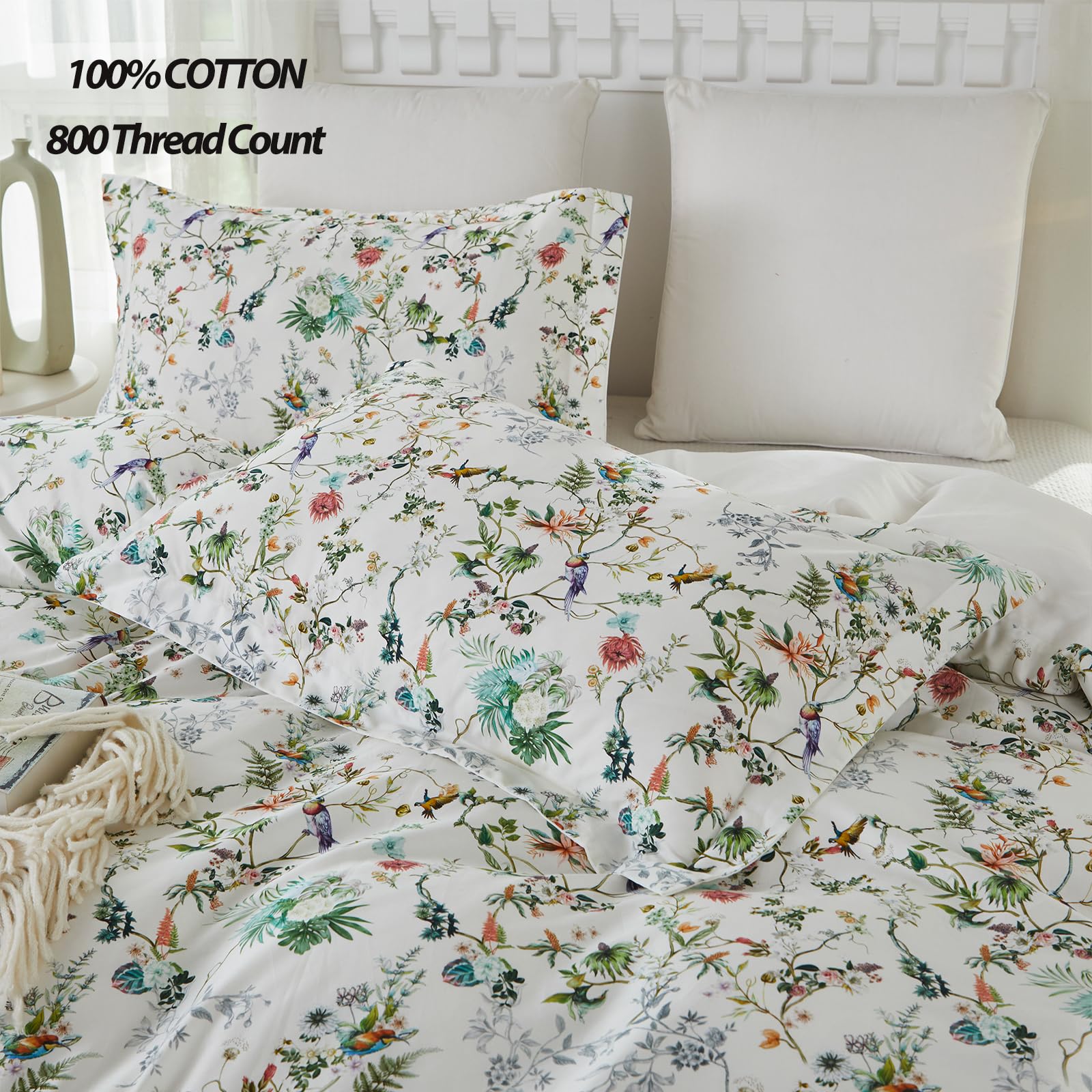 Brandream 3-teiliges Bettbezug-Set, 100% Baumwolle, Mit Blumen- Und Vogelmuster, Versteckter Reißverschluss – Größe XL, Beige