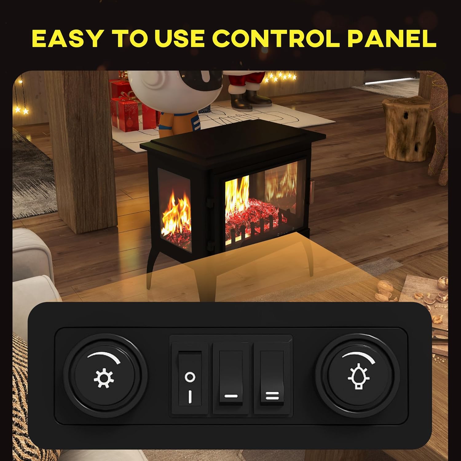 Close-up of the easy-to-use control panel on the electric fireplace stove