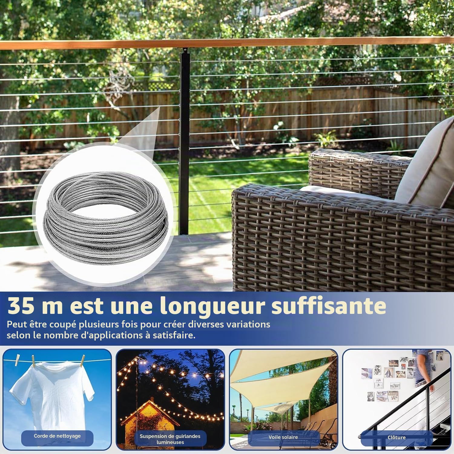 35M Câbles en Acier Inoxydable à Suspendre Kit,304 Cable Inox 3mm avec Tendeur Cable, Serre Cable Acier,Câble en Acier Gainé pour Treillis Plante Grimpante Exterieur,Corde a Linge,Garde Corps