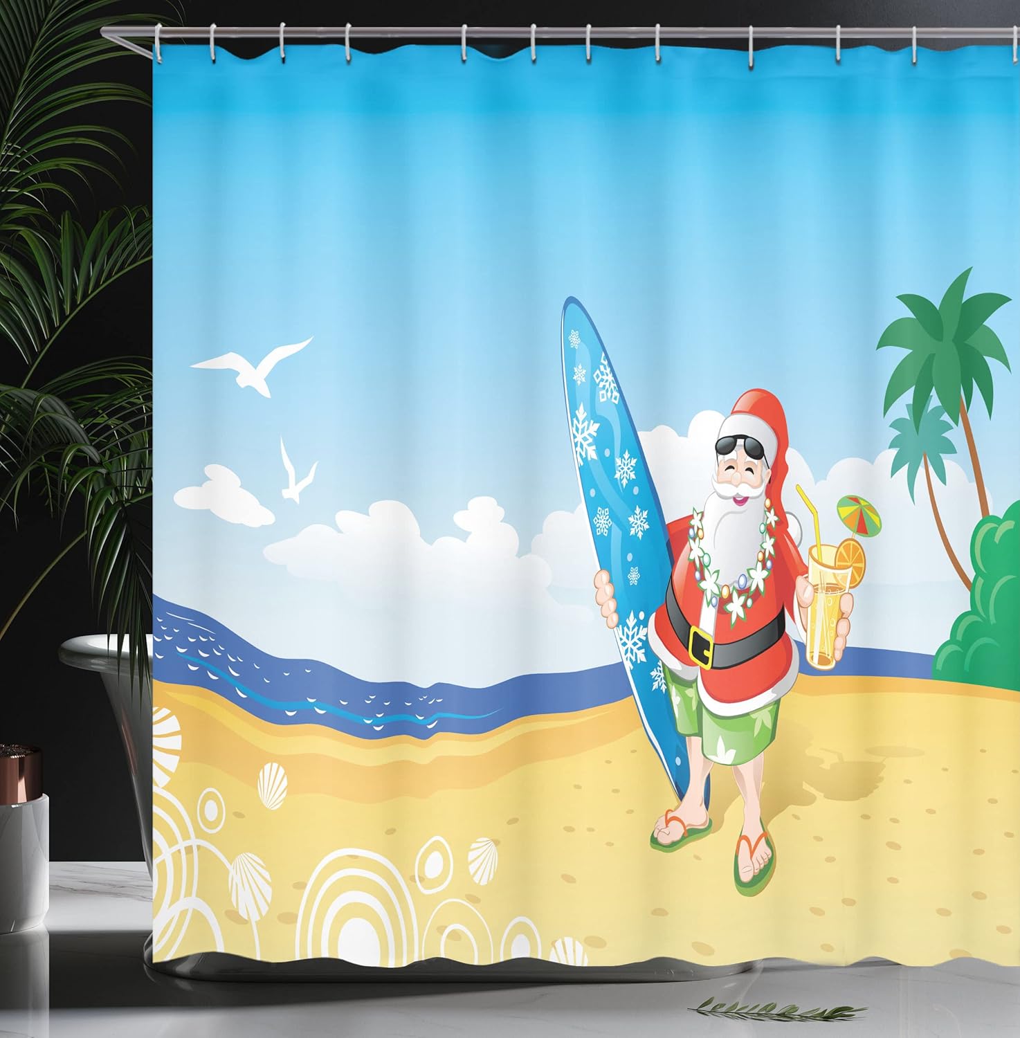 Ambesonne Christmas Shower Curtain, Santa Claus on The Beach Surfboard Summer Party Celebration Tropical Art, Cloth Fabric Bathroom Decor Set with Hooks, 69" W x 70" L, Yellow Blue