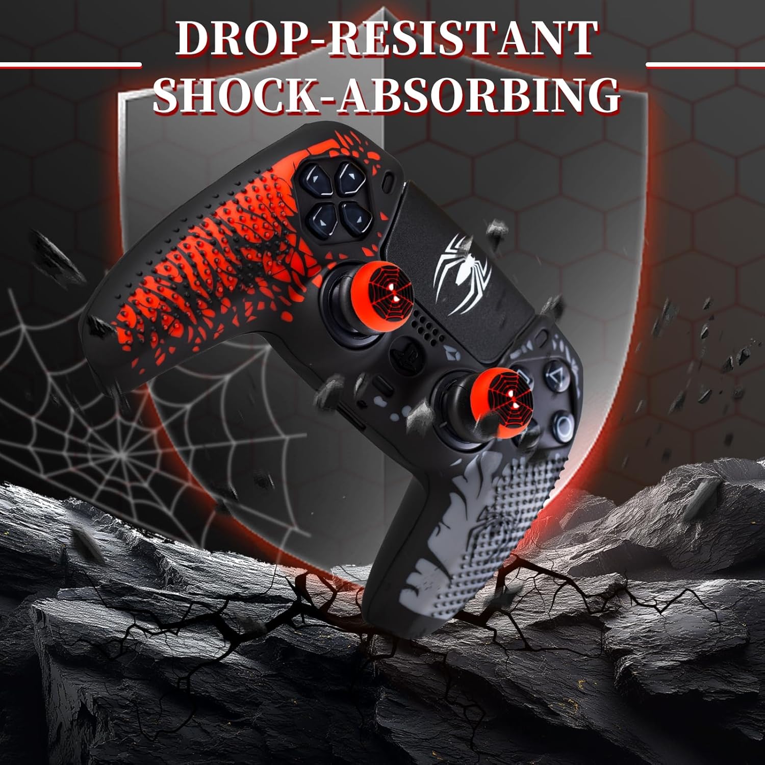 PlayRealm Silicone Skin Cover & Sticker x 1 & No Falling Off Thumbstick x 2 for PS5 Controller Spider Edtion - Image 6