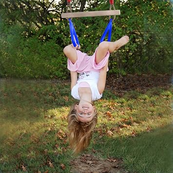 PELLOR Playground Children's Wooden Trapeze Swing Bar with Plastic Gym Rings Swing Set for Indoor & Outdoor Fun