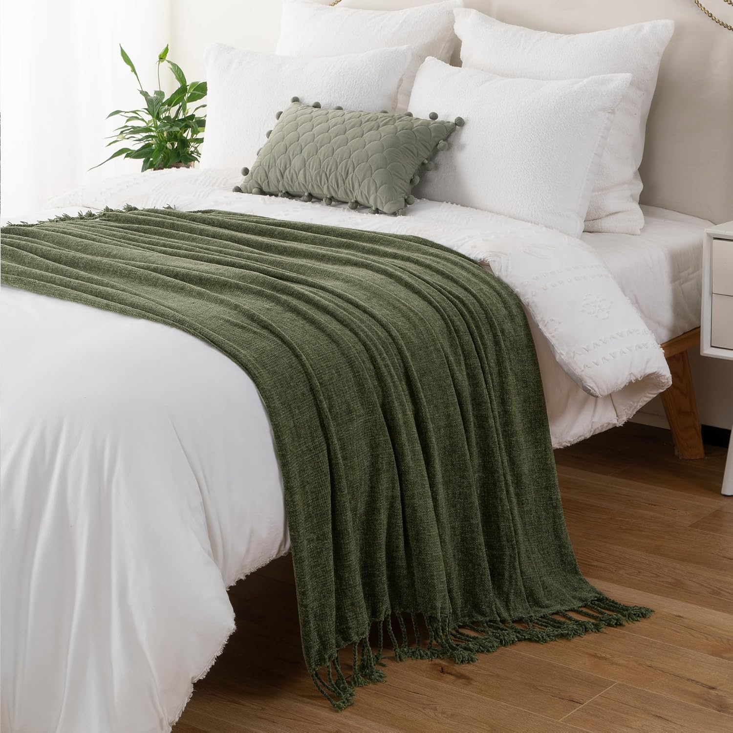 BATTILO HOME Olive Green Throw Blanket for Couch Bed Sofa, Soft Cozy Chenille Throw Blanket with Fringe Tassels, Lightweight Knit Throw Blanket for Home Decor, 50"x60" - Image 7