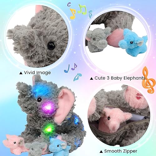 Miniatura 6 de Hopearl Juguete de peluche musical con luces LED de peluche para cantar y cantar con 3 elefantes de bebé en su barriga volumen ajustable canción de