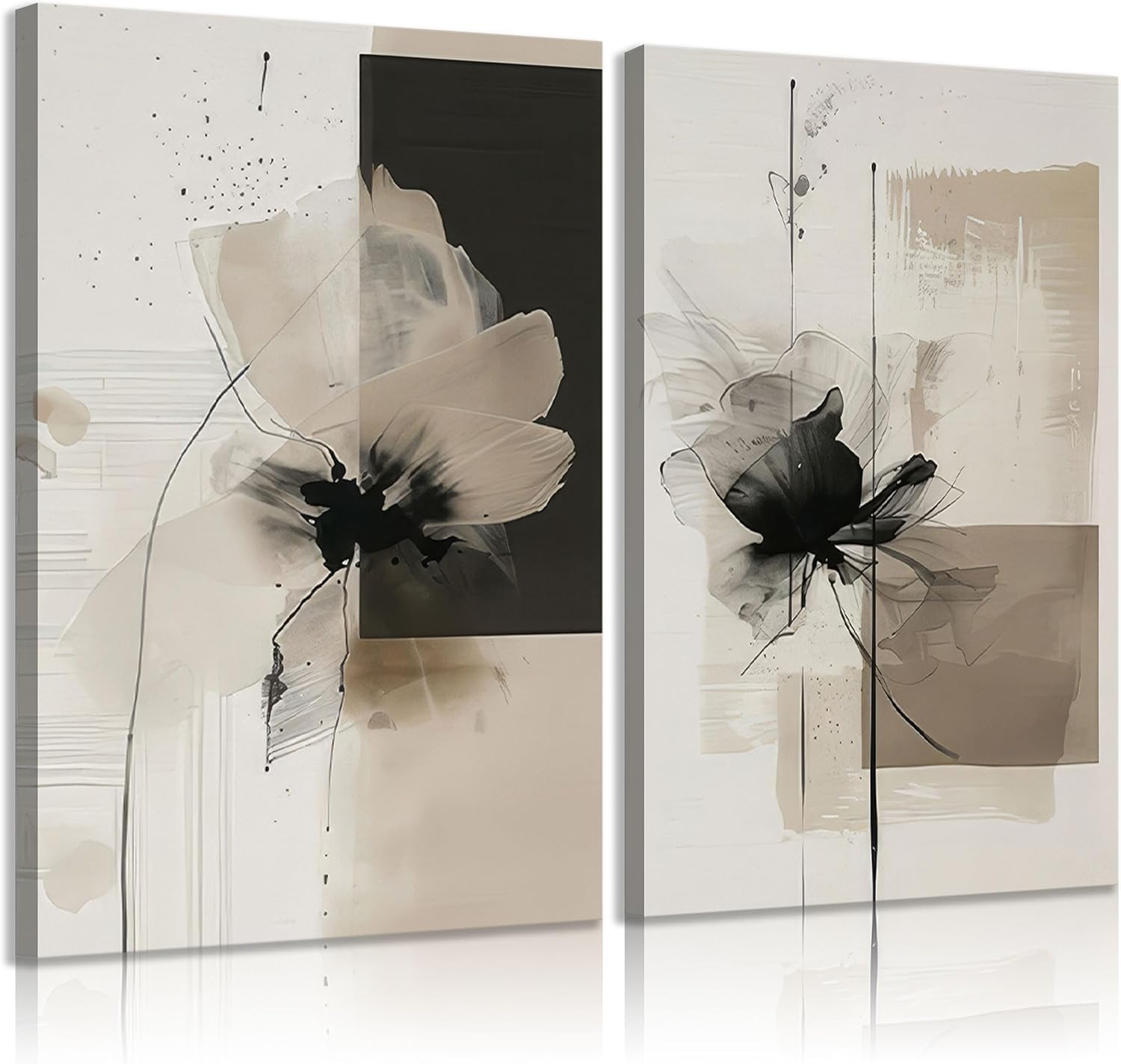 2Pcs Framed Neutral Abstract Canvas Wall Art Floral Pictures Modern Minimalist Posters Prints Beige Black Flower Wall Decoration for Living Room Bedroom Bathroom Office 16x24in 24L" x 16W" Canvas