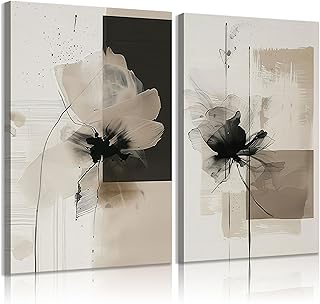 2Pcs Framed Neutral Abstract Canvas Wall Art Floral Pictures Modern Mini...