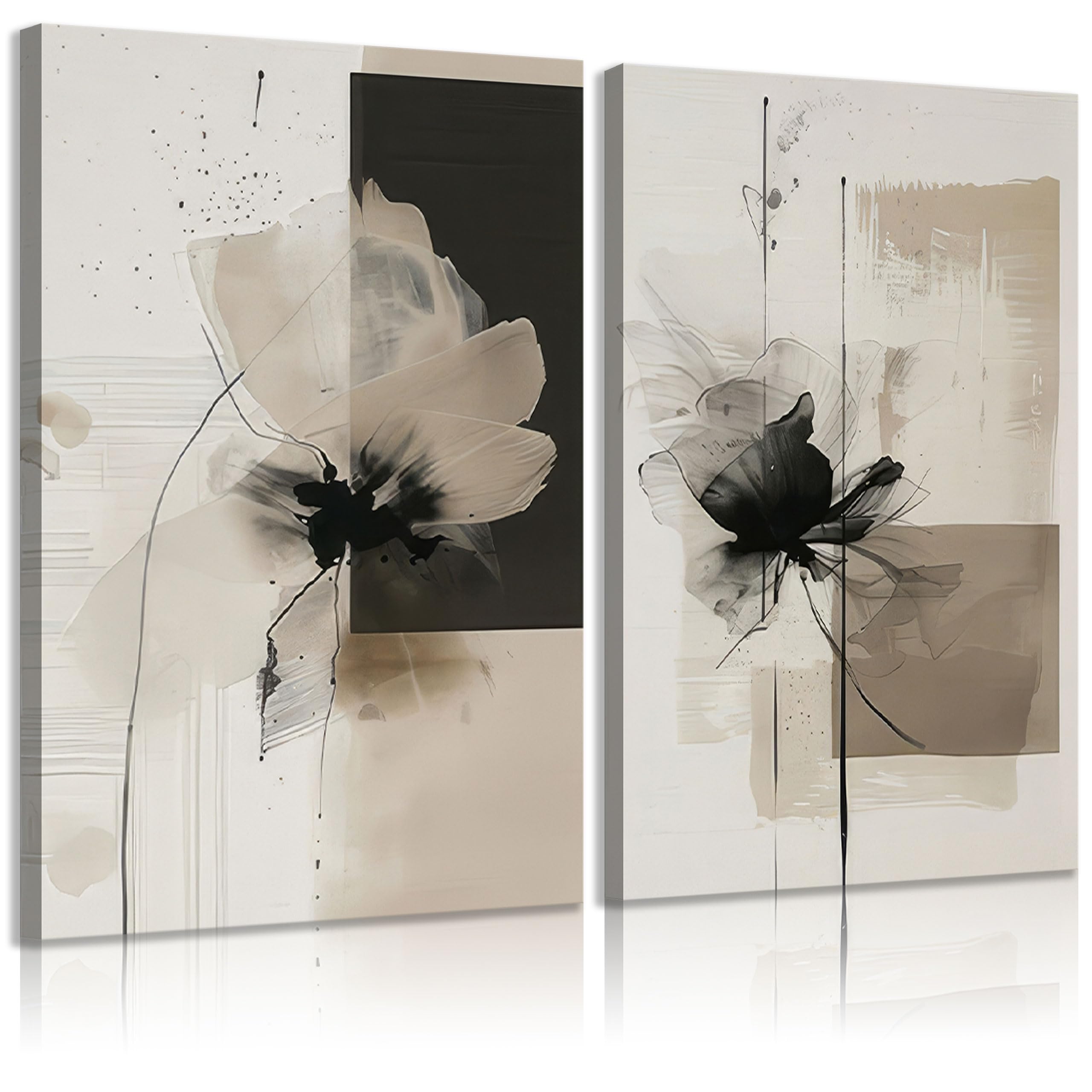 2Pcs Framed Neutral Abstract Canvas Wall Art Floral Pictures Modern Minimalist Posters Prints Beige Black Flower Wall Decoration for Living Room Bedroom Bathroom Office 16x24in