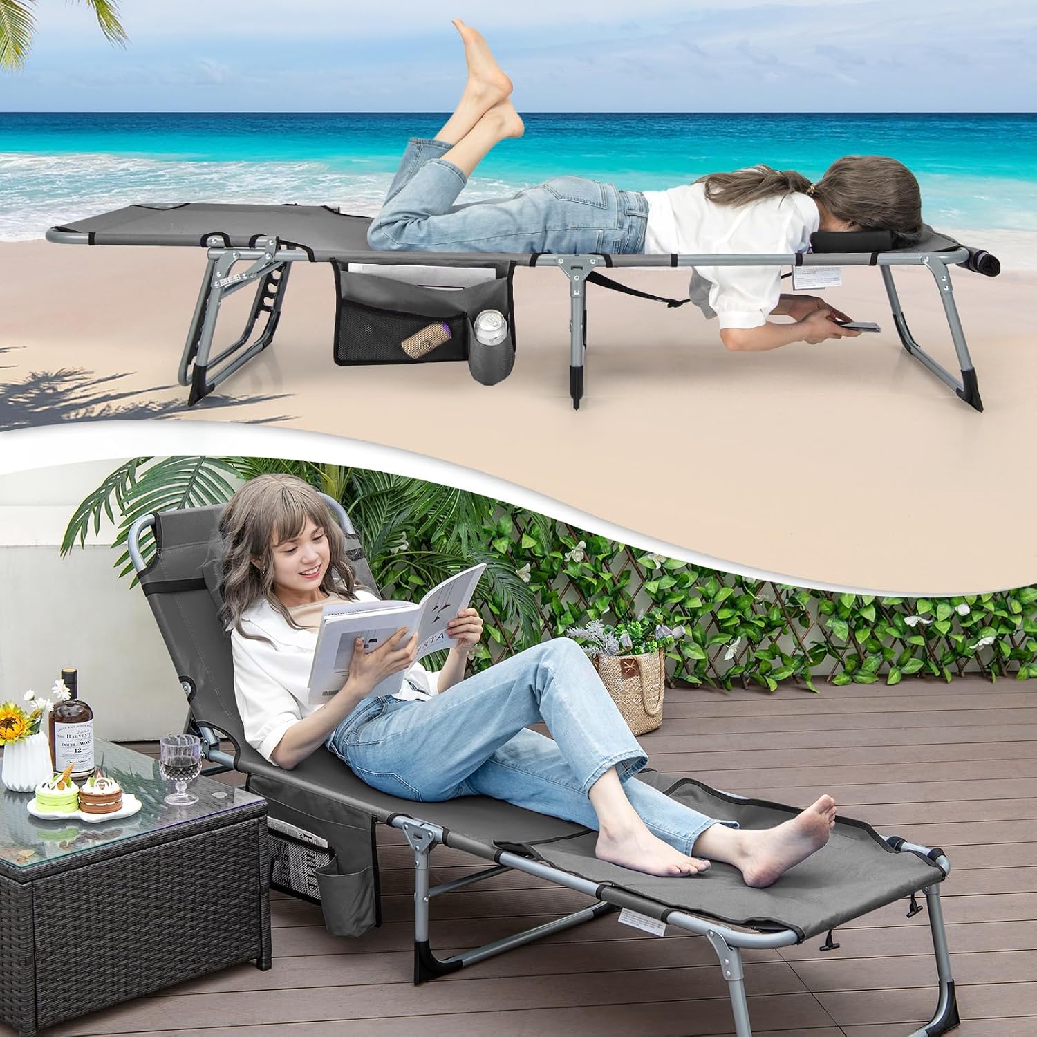 Giantex Tanning Chair, 330Lbs Patio Lounge Chair with 5 Adjustable Position, Face & Arm Hole, Hand/Shoulder Strap, Removable Pillow, Side Pocket, Chaise Lounger for Beach Sunbathing Outdoor, Grey