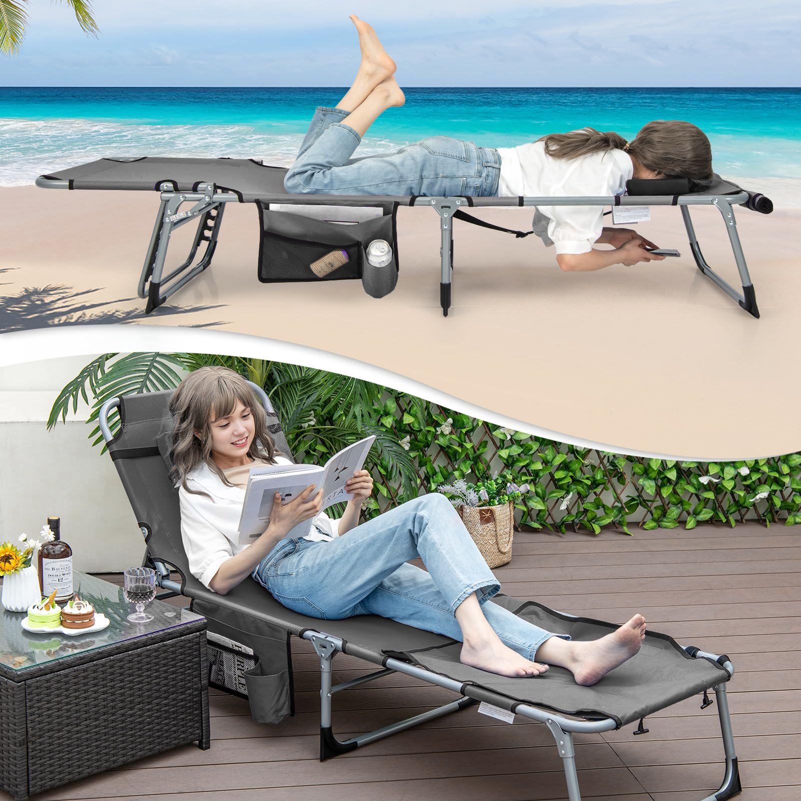GIANTEX Silla de Bronceado Plegable con Agujeros para la Cara y Las Sisas, Silla Reclinable en 5 Posiciones, para Exteriores, con Cojín y Bolsillo Lateral, Tumbona de Camping con Correa (Gris)