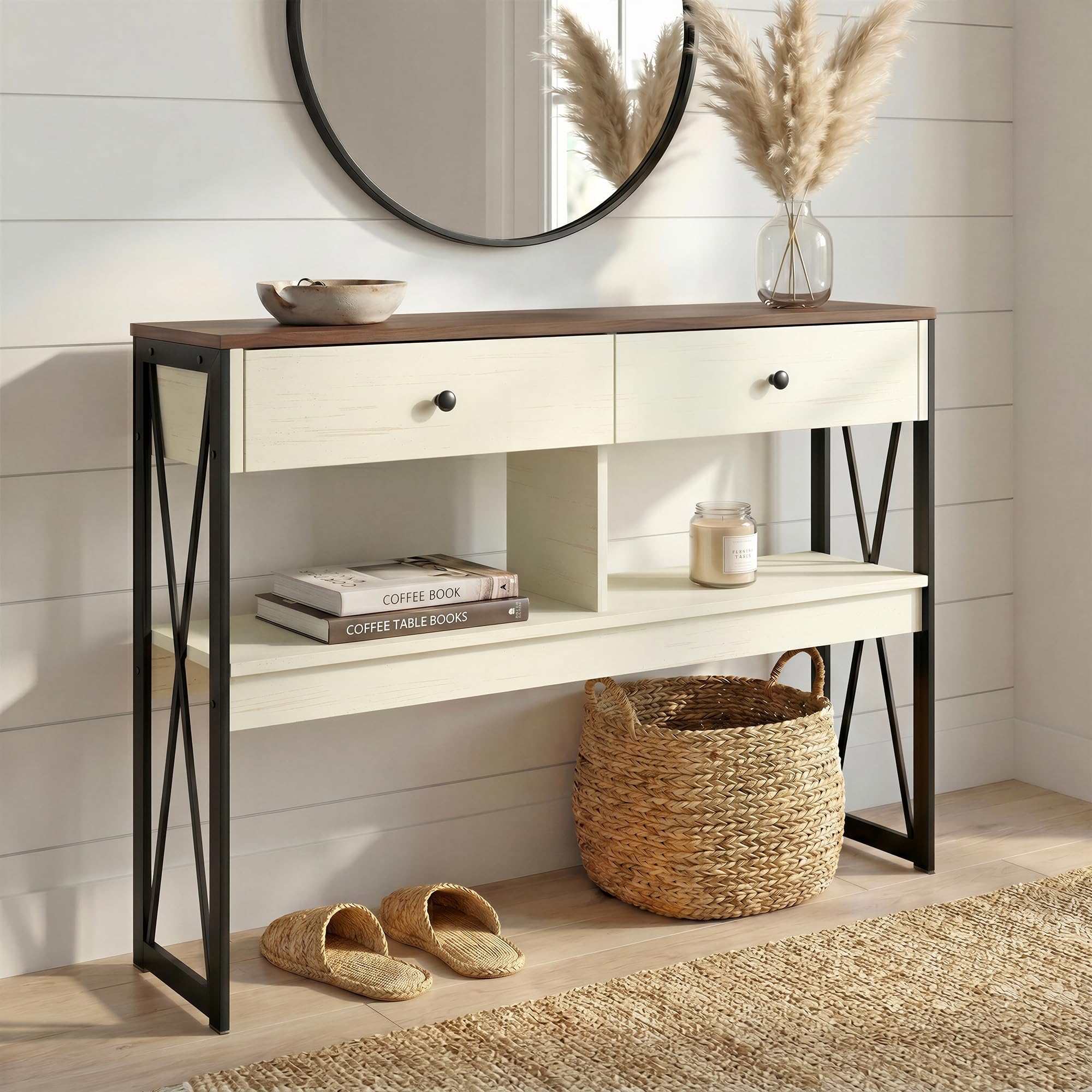 Manora Mesa de Consola Industrial, Mesa de Entrada con 2 Cajones y estantes de Almacenamiento, Mueble de Entrada para Salón, Pasillo y Recibidor, 100 x 24 x 76cm, Blanco y Marrón
