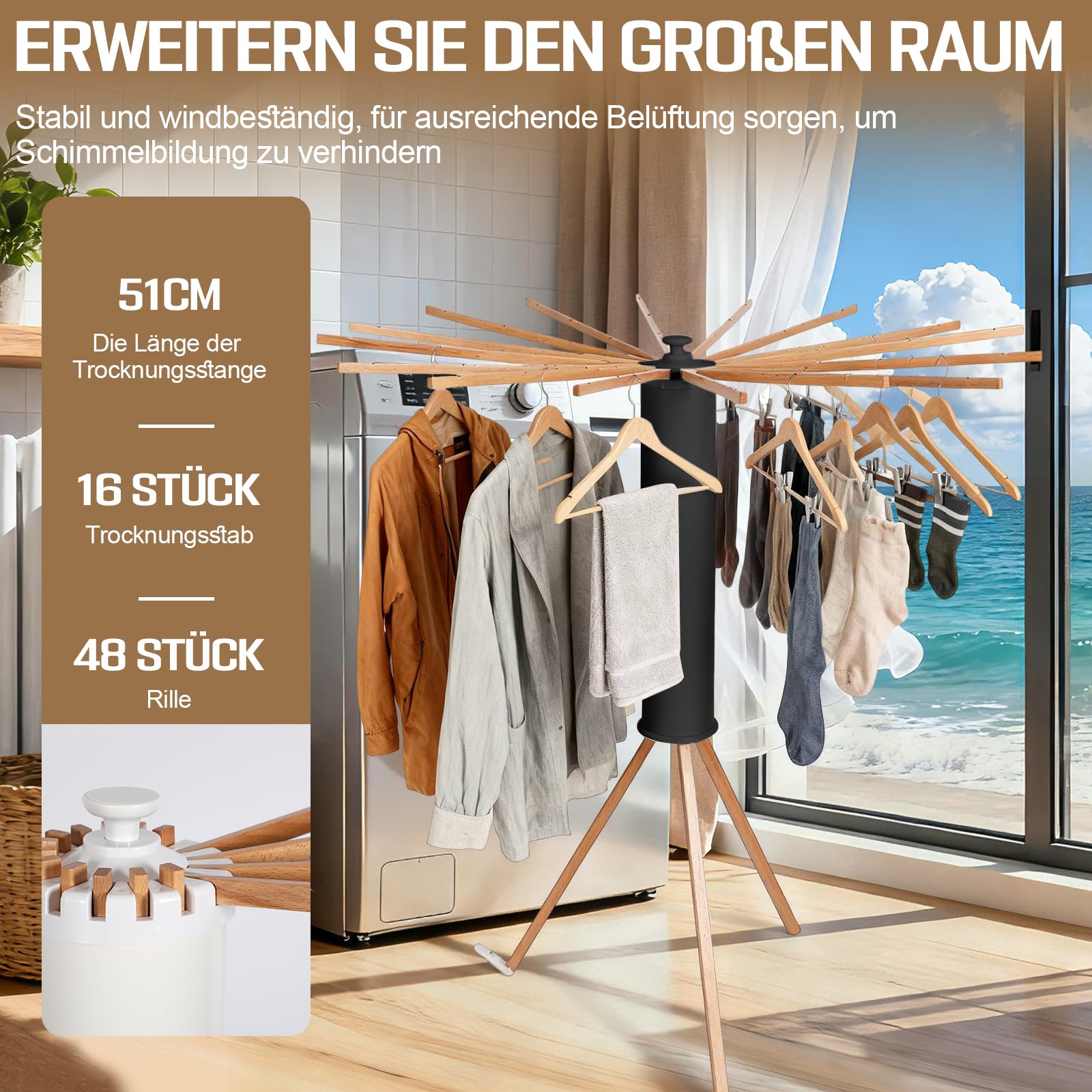 Séchoir à linge pliable peu encombrant avec 16 bras en bois et 48 emplacements suspendus, support de séchage moderne pieuvre, trépied portable pour balcon, intérieur, buanderie (noir)