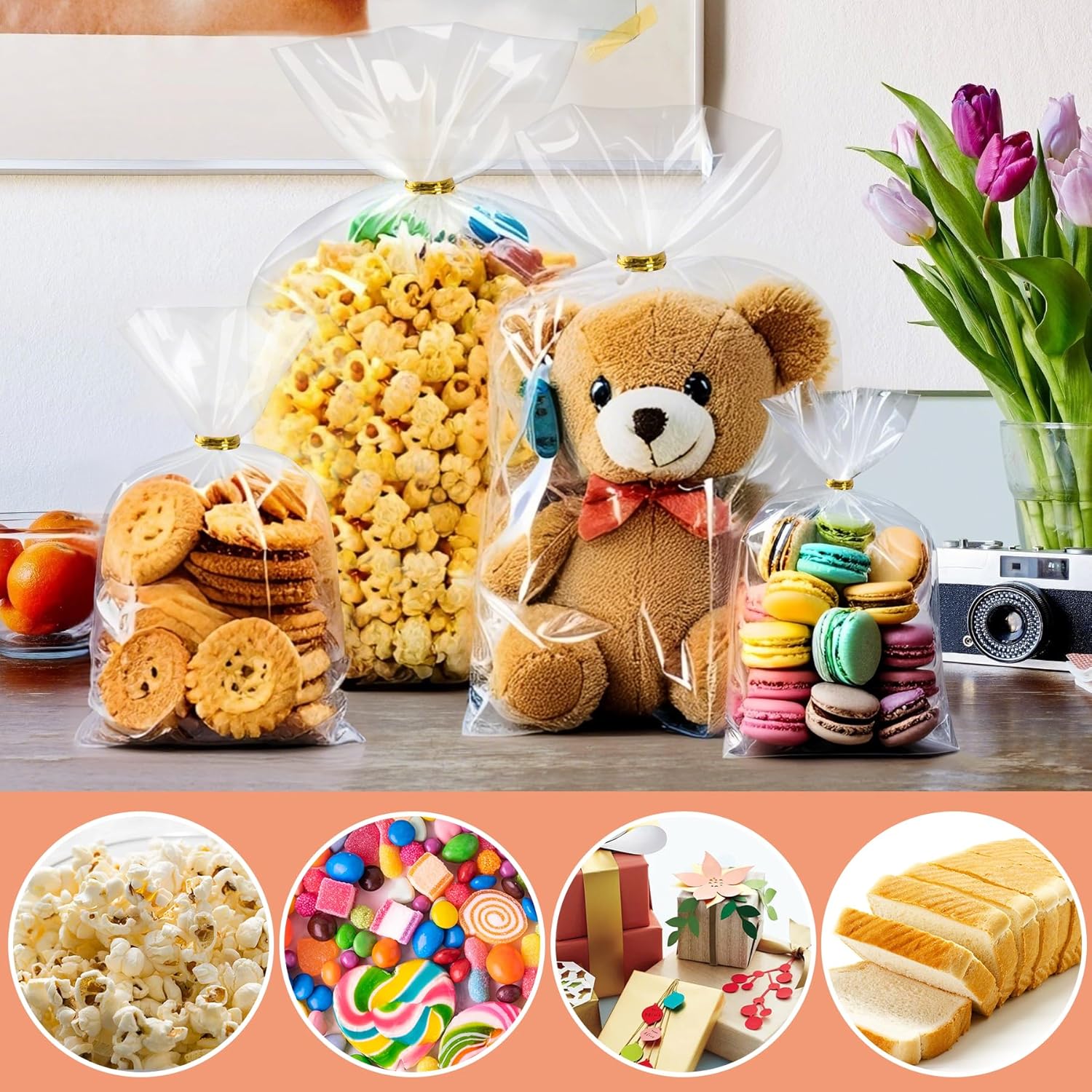 RICEDUO 50-Pack 8"x11" Clear Bottom Gusset Cellophane Gift Bags with 4.7" Gold Twist Ties - Elegant Cello Packaging for Party Favor Packaging, Gift Mug Toy Wrapping, Food Storage (No Side Gusset) - Image 5