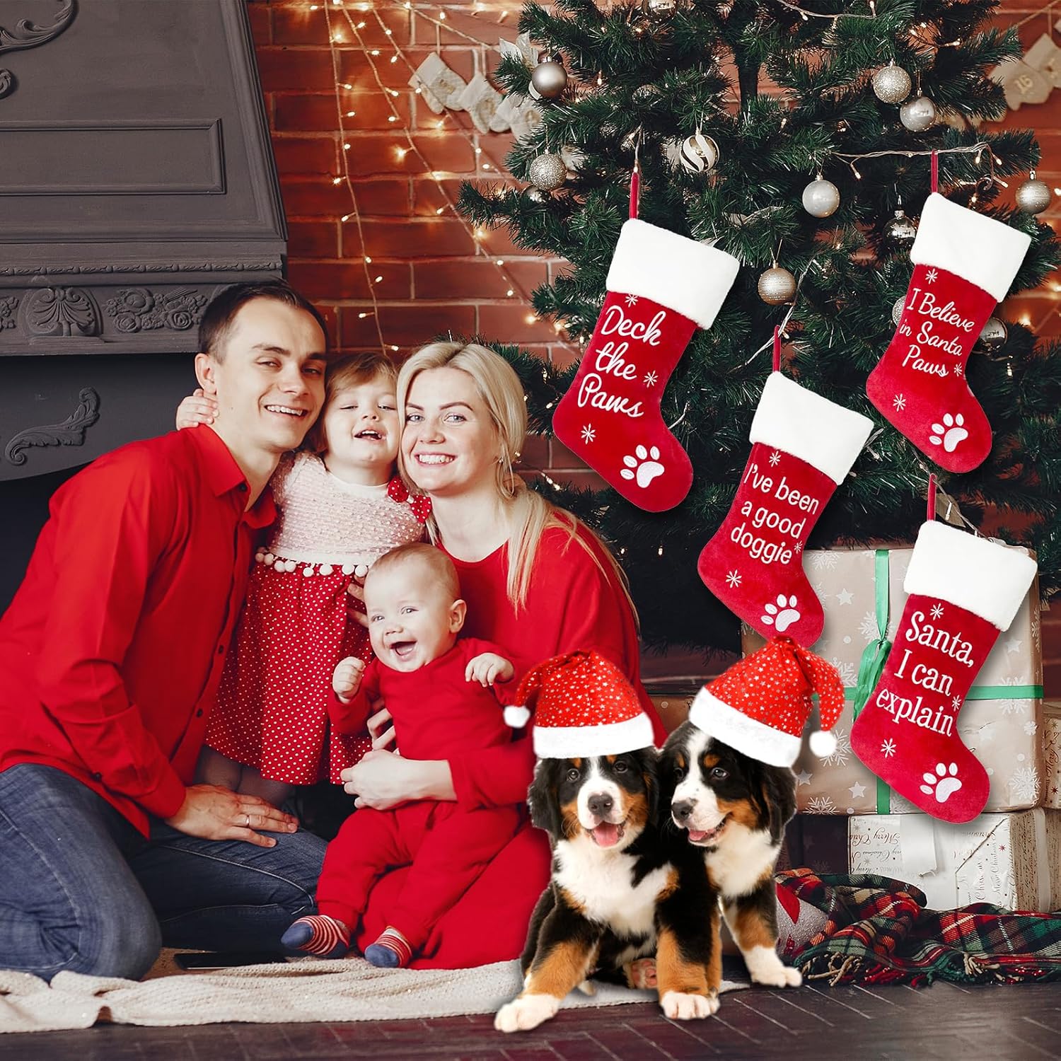 nuvagiki 4 Pack Christmas Dog Stockings - 18inch Red Velvet with Paw Embroidery - Pet Stockings for Dogs & Cats - Perfect Christmas Stocking for Pets, Fireplace Mantle, or Pet Lovers' Gift