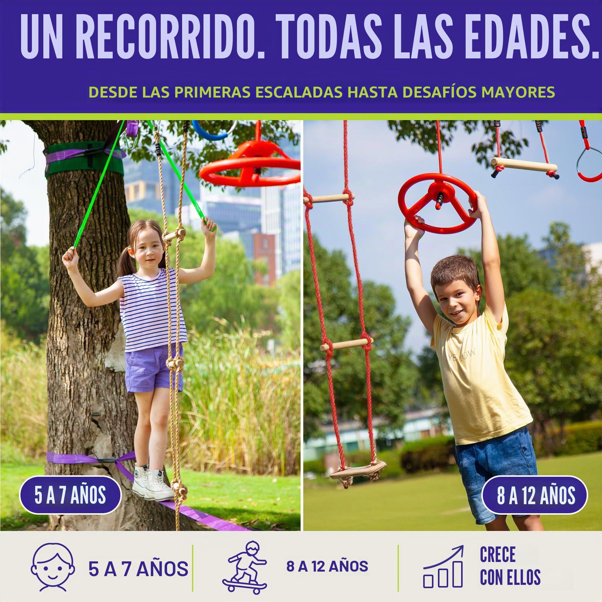 Trailblaze Slackline Ninja Warrior Obstacle Course para niños, 15 m Ninja Slack Line Anillos de gimnasio, barras de mono, protectores de árboles, diversión perfecta al aire libre para niños