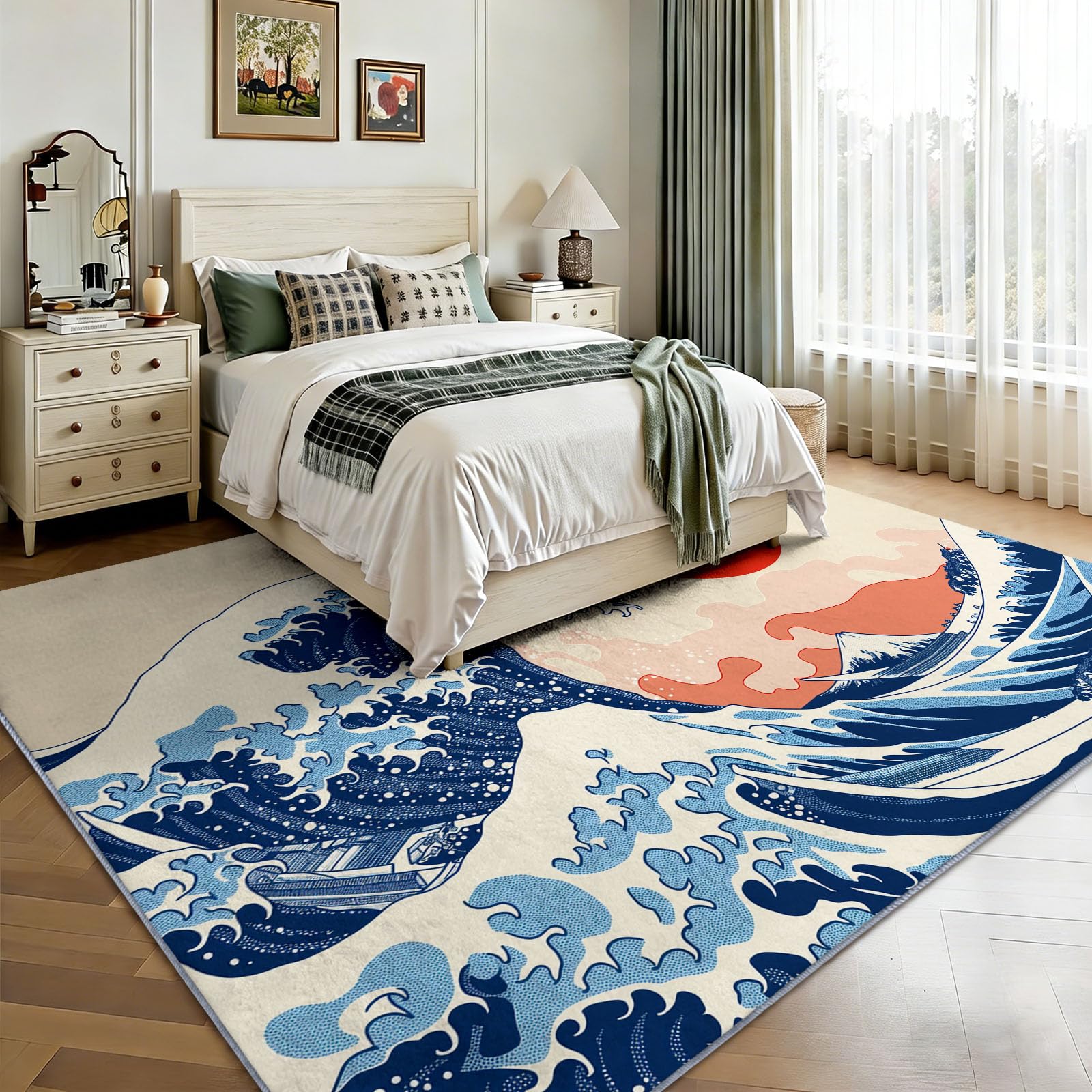 Générique Tapis de Salon Motif Grande Vague Ukiyo-e Japonaise Traditionnelle Doux Antidérapant Poils Ras, Résistant pour Adulte Chambre Salle à Manger Couloir et Bureau, 120 x 170 cm