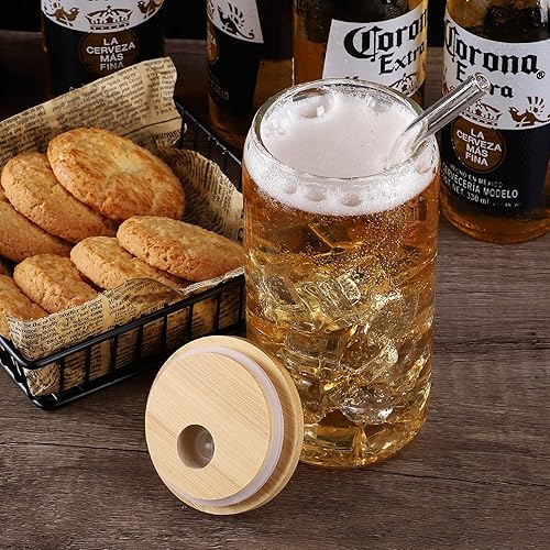 Miniatura 5 de CWHHRN Juego de 4 vasos para beber con tapas de bambú y popote de vidrio, vasos de cerveza de 16 onzas, vasos de café helado, 4 unidades