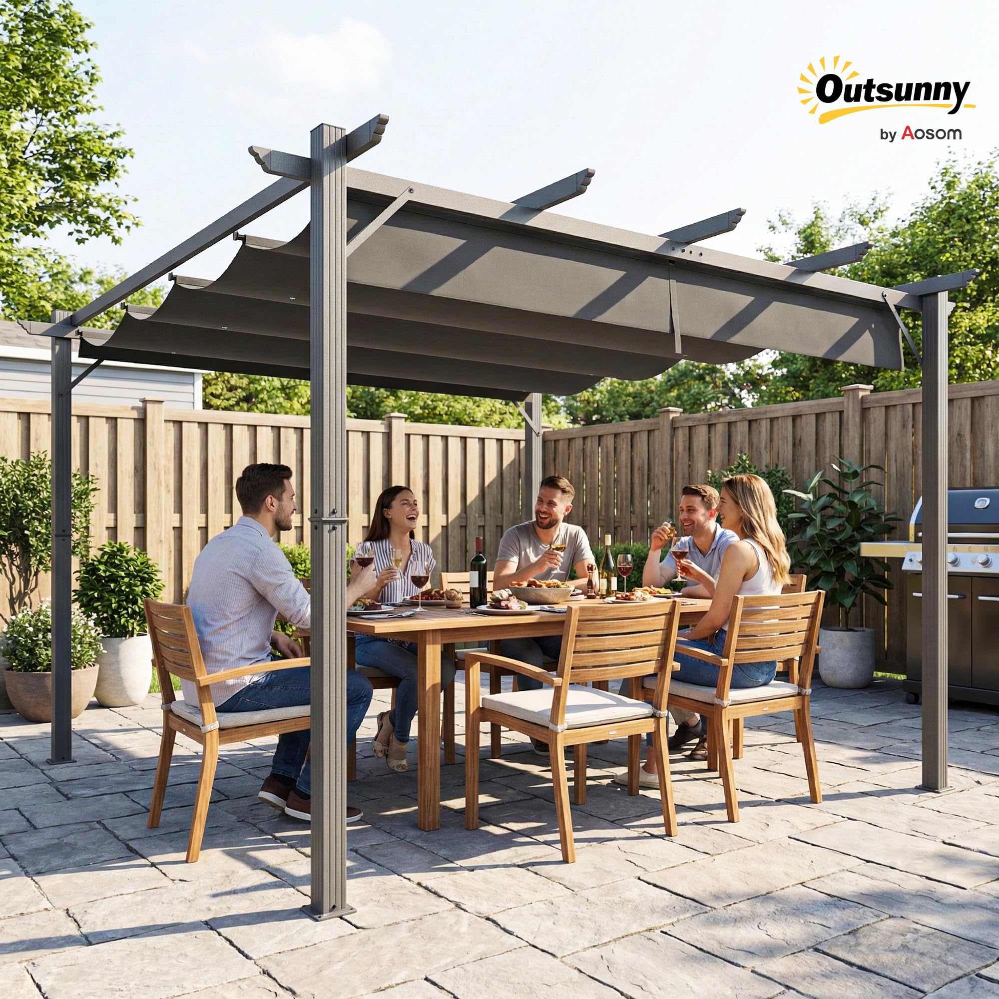 Outsunny Pérgola de Jardín 3x3 m con Techo Retráctil, Cenador de Jardín con Protección UPF30+, Orificios de Drenaje, Estructura de Aluminio, Pabellón para Patio, Terraza, Exterior, Gris Oscuro