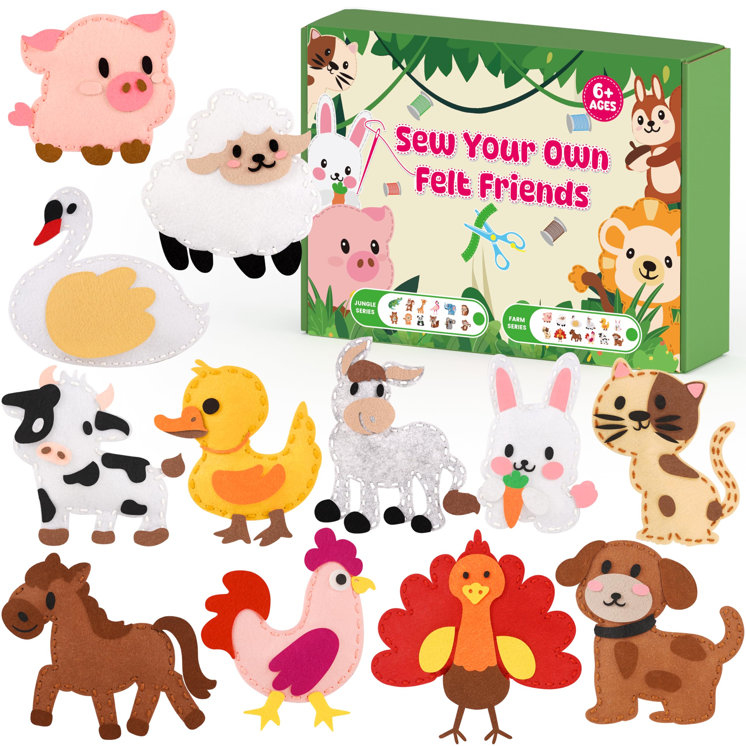 YEETIN Sewing Kit for Kids Ages 6+, Beginner Felt Sewing Craft Kit, DIY Farm Stuffed Animals Making Set, Learn to Sew Gifts for Birthday