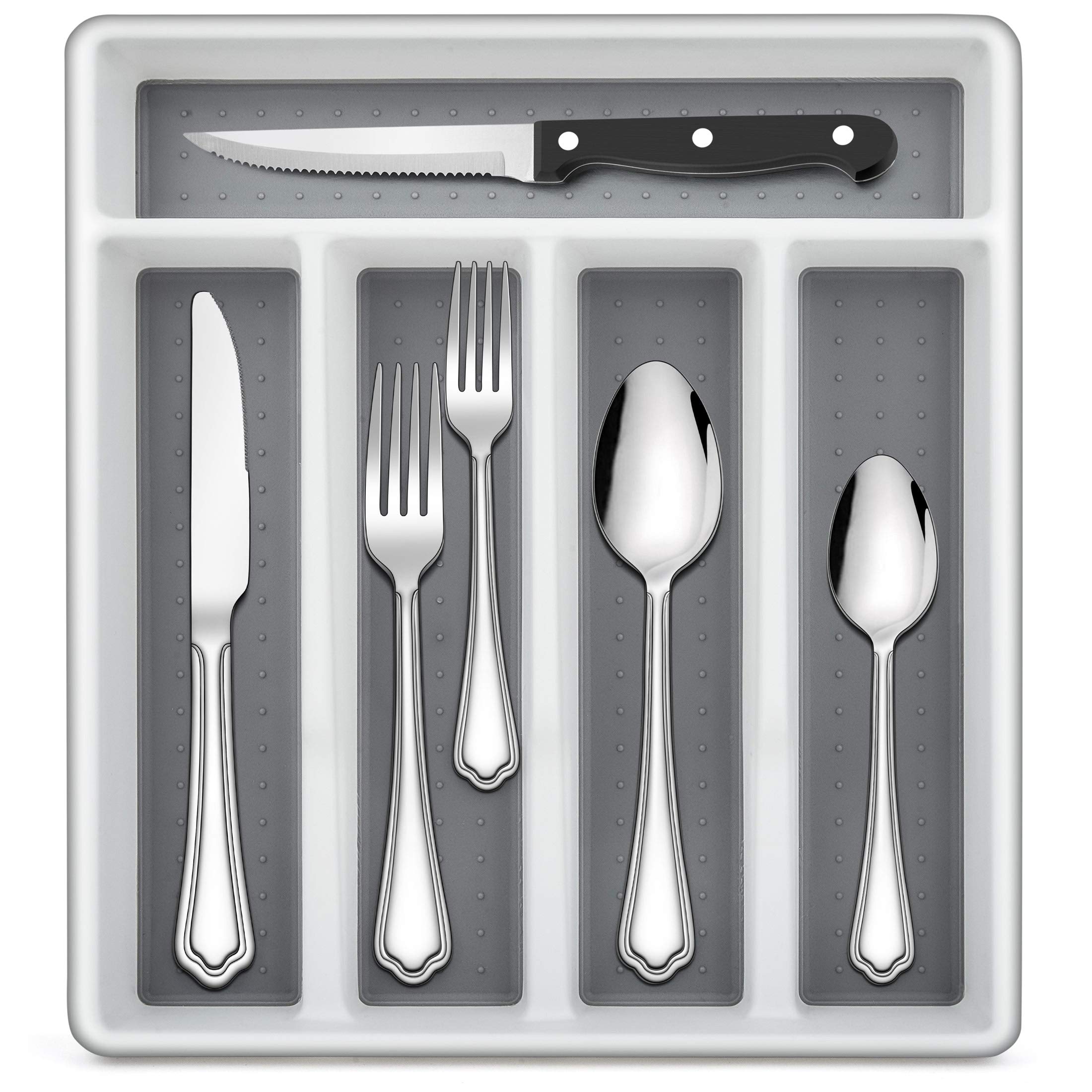 LIANYU 72-Piece Silverware Set with Steak Knives and Organizer Tray, Stainless Steel Cutlery Flatware Set for 12, Tableware Eating Utensils with Scalloped Edge, Dishwasher Safe, Mirror Polished