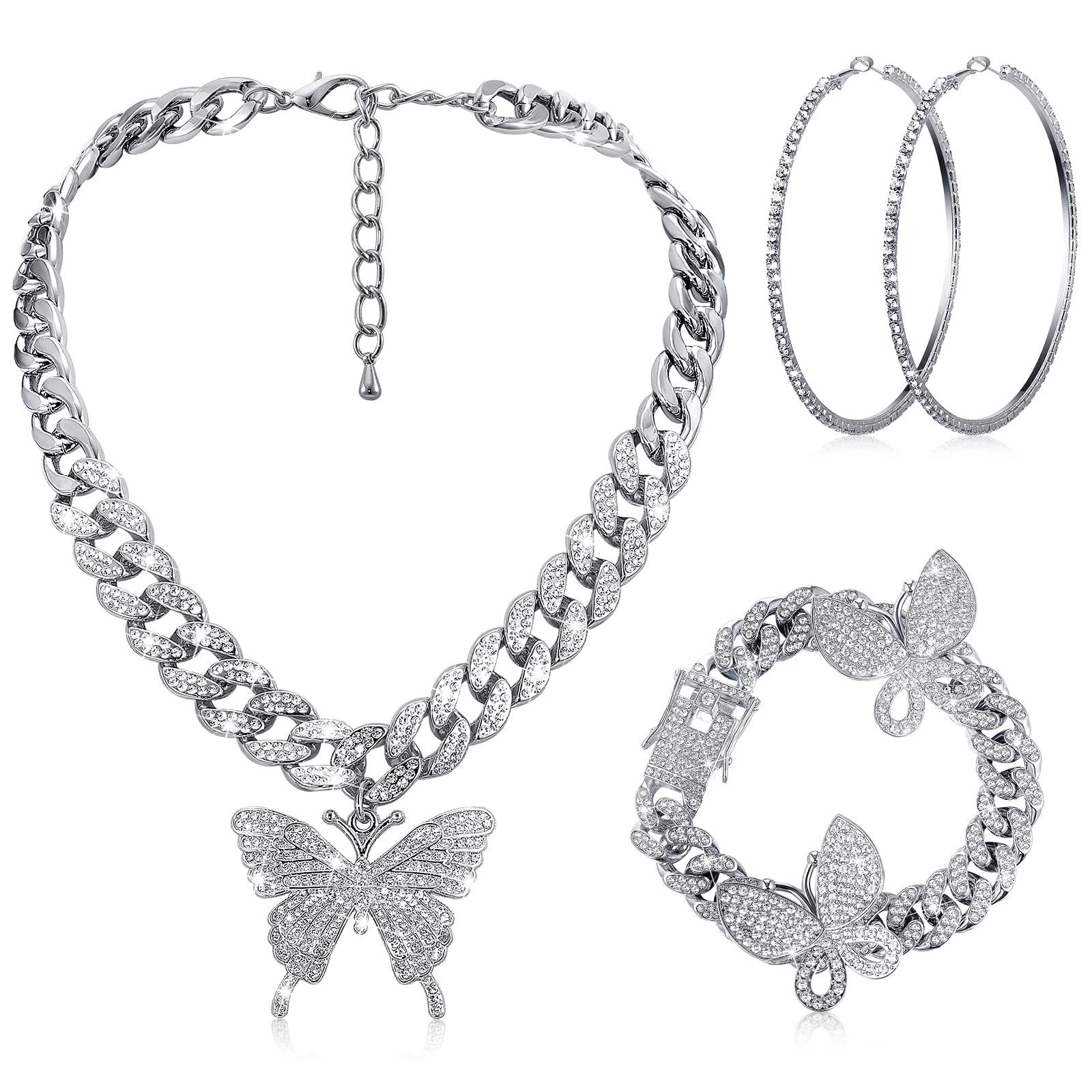 Hinly3 Pieces Butterfly Cuban Jewelry Set Cuban Link Chain Necklace for Women Rhinestone Butterfly Pendant Necklace Rhinestone Bracelet Large Hoop Earrings Bling Earrings