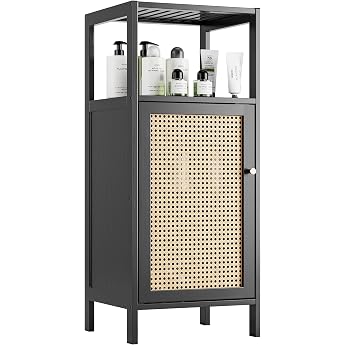 Bamboo Floor Cabinet with Rattan Small Bathroom Storage Cabinet with 1 Door and 1 Compartment Space Saving Wooden Kitchen Cabinet Hallway Side Table Freestanding Living Room Stand Black
